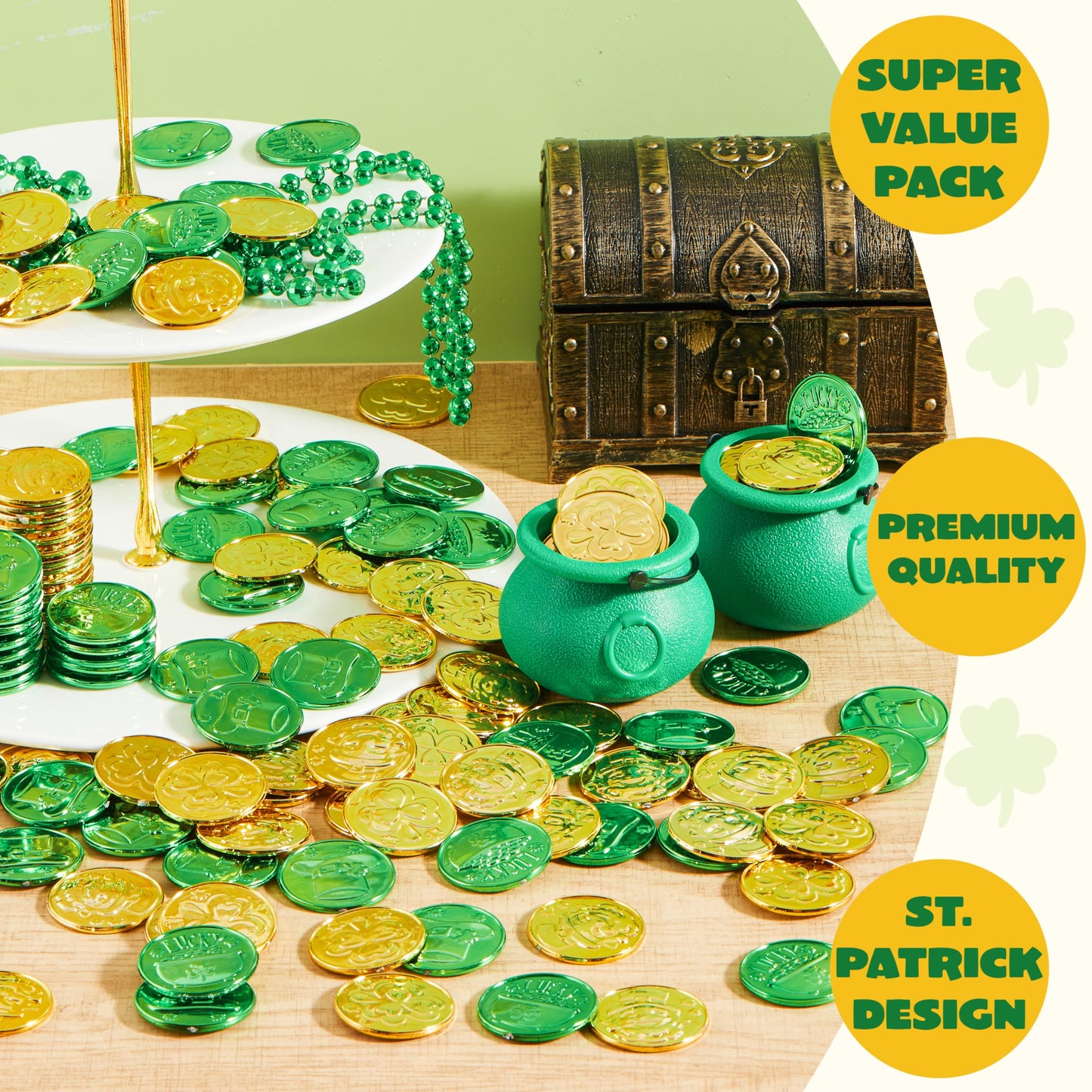 JOYIN 120 Pcs St. Patrick's Day Coins – Green & Gold Shamrock, Leprechaun, Hat & Cauldron Designs