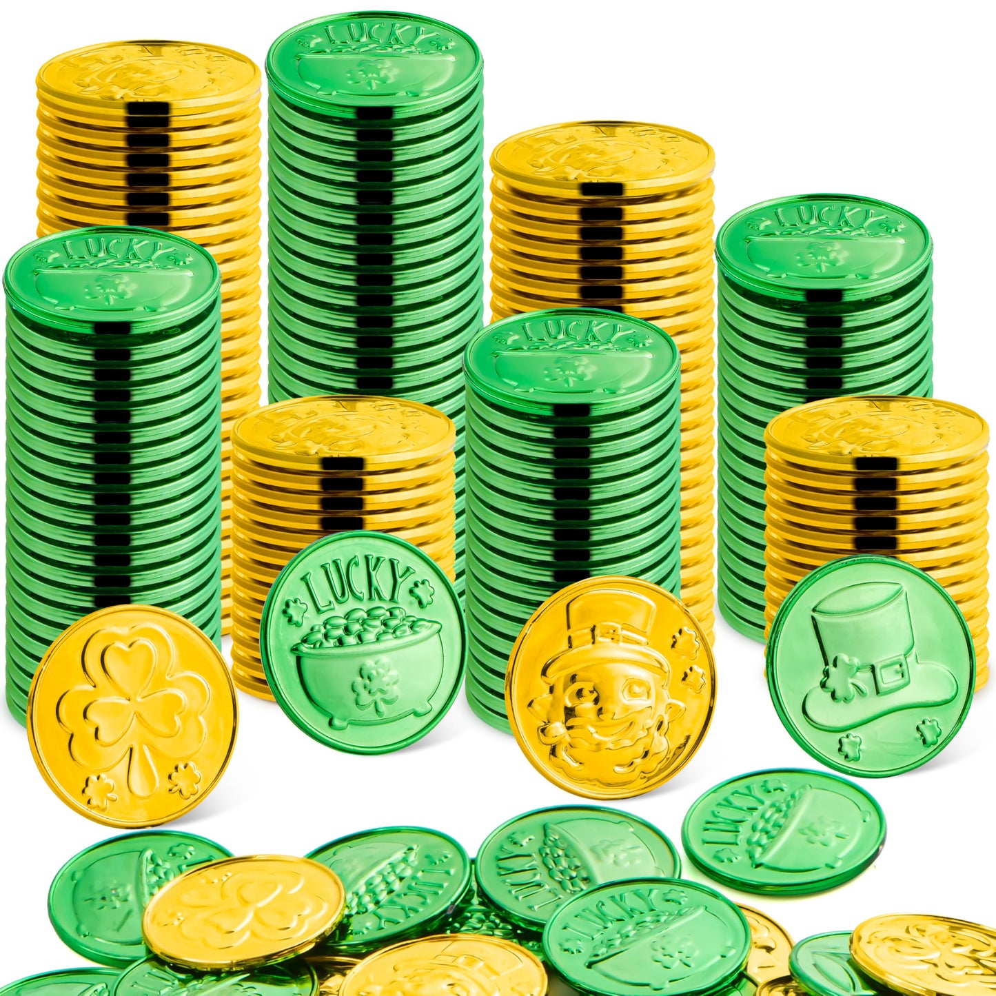 JOYIN 120 Pcs St. Patrick's Day Coins – Green & Gold Shamrock, Leprechaun, Hat & Cauldron Designs