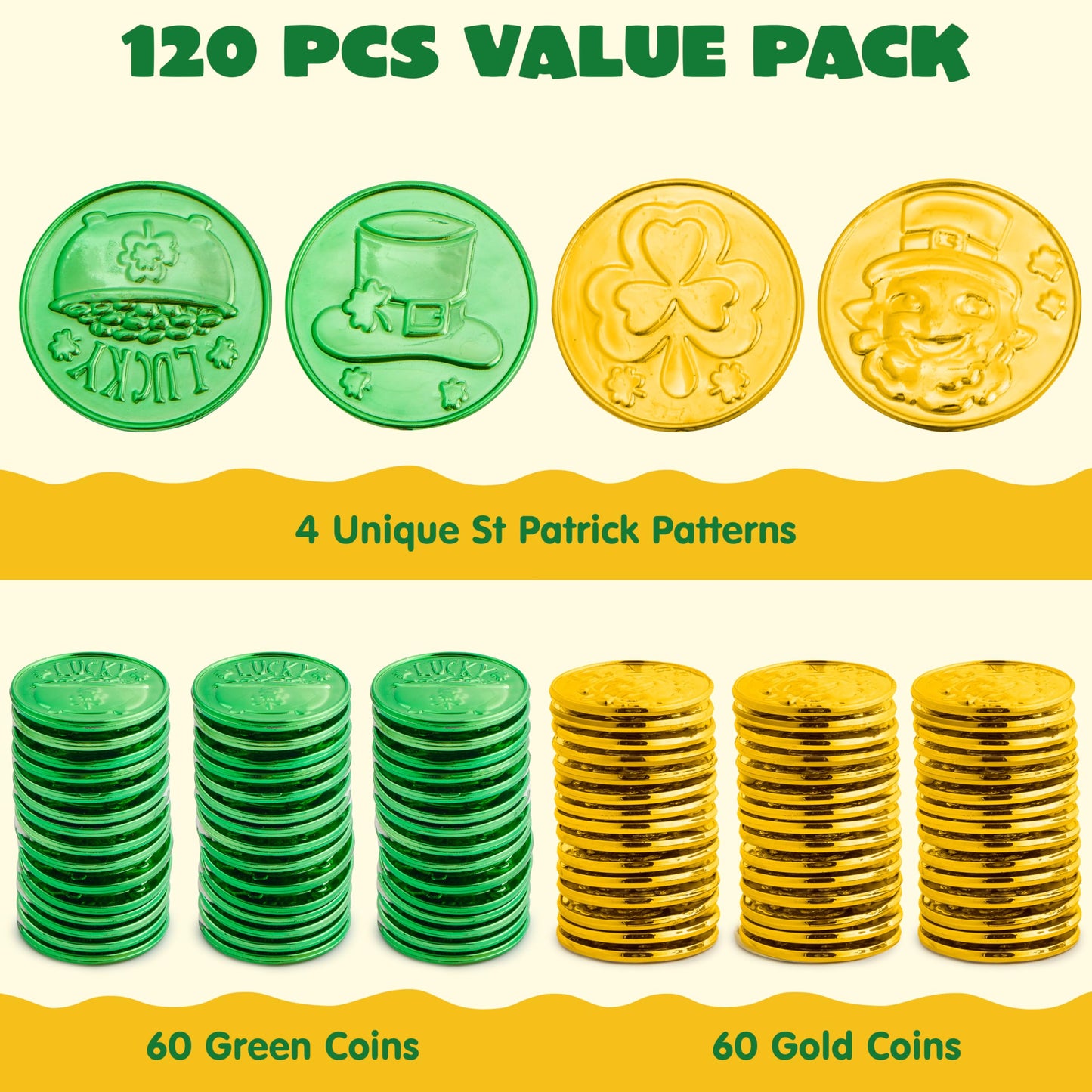 JOYIN 120 Pcs St. Patrick's Day Coins – Green & Gold Shamrock, Leprechaun, Hat & Cauldron Designs