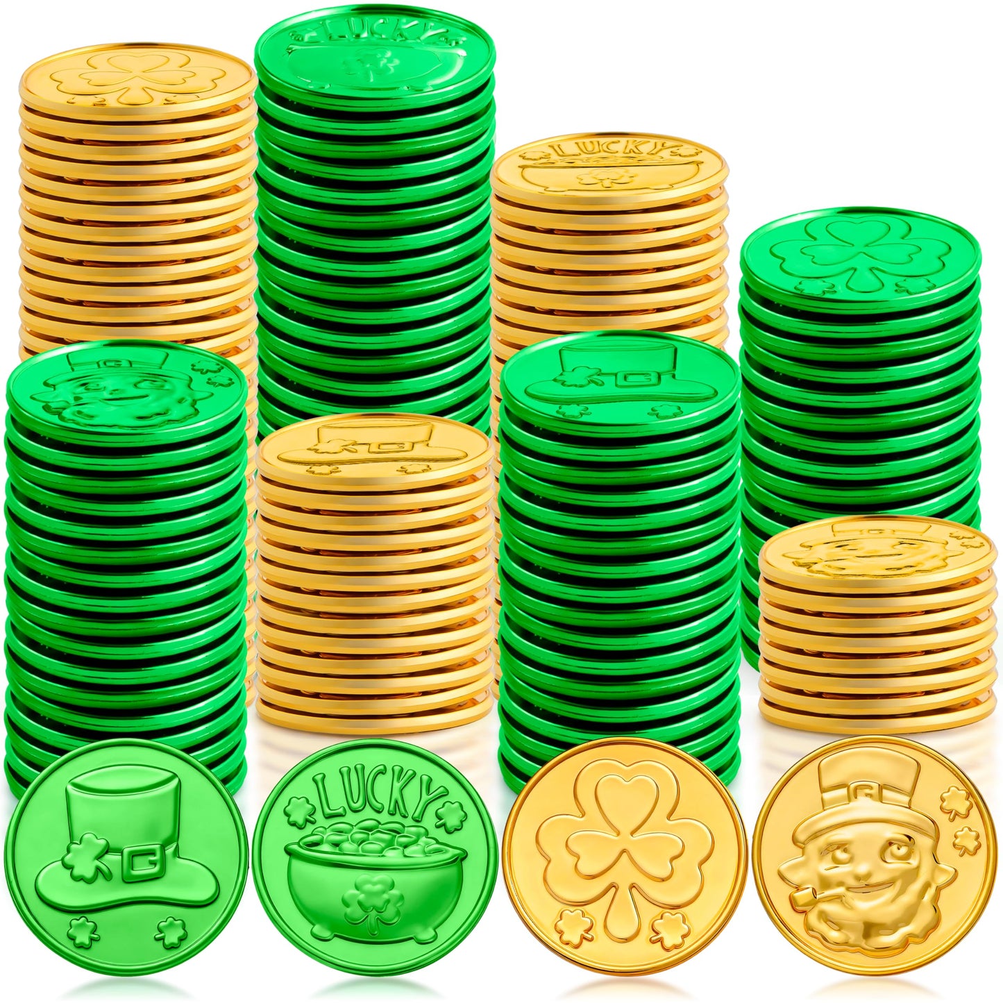 JOYIN 120 Pcs St. Patrick's Day Coins – Green & Gold Shamrock, Leprechaun, Hat & Cauldron Designs