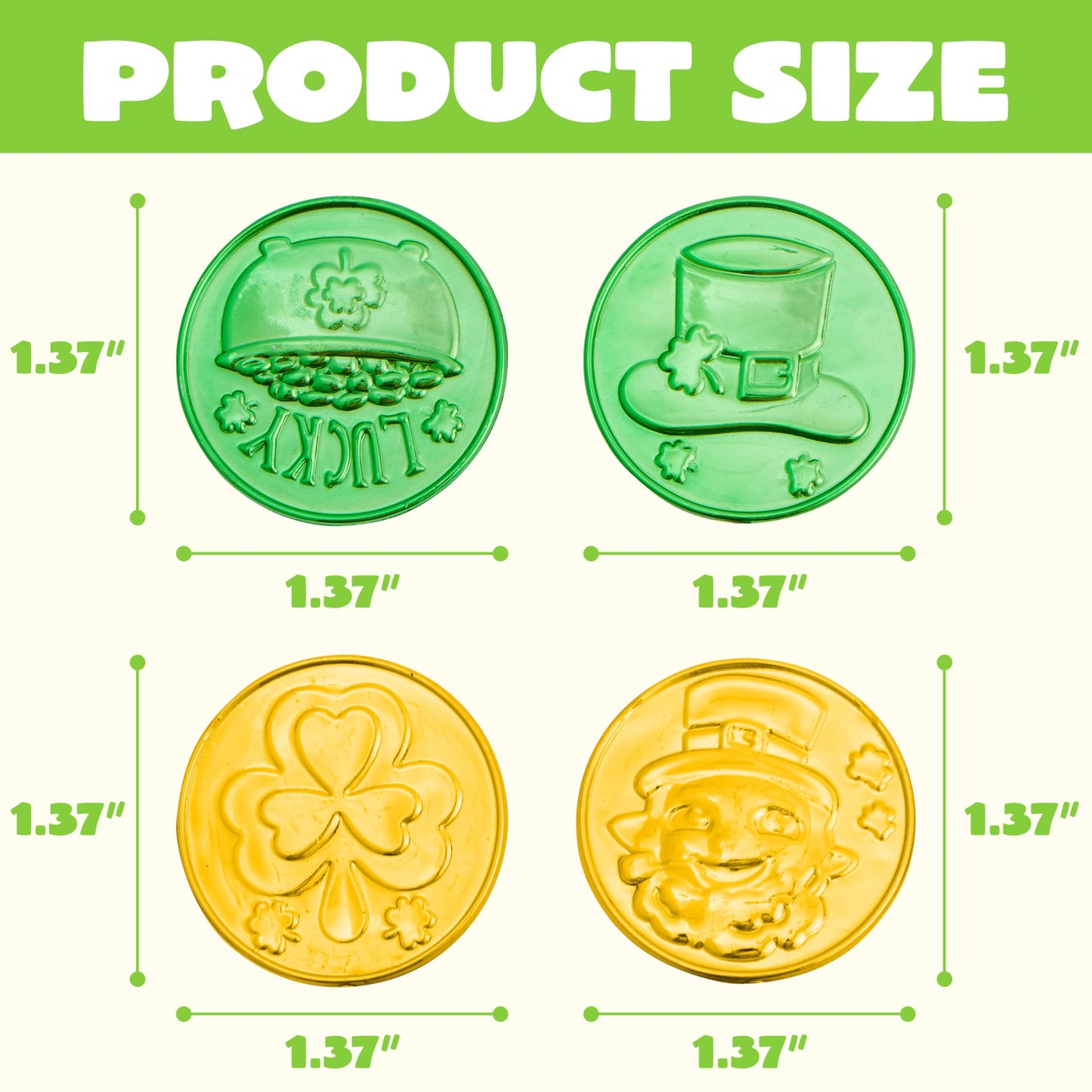 JOYIN 120 Pcs St. Patrick's Day Coins – Green & Gold Shamrock, Leprechaun, Hat & Cauldron Designs