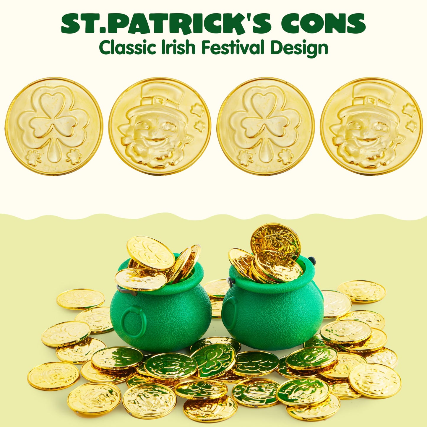 JOYIN 120 Pcs St. Patrick’s Day Gold Coins – Plastic Coins with Shamrock & Leprechaun Designs