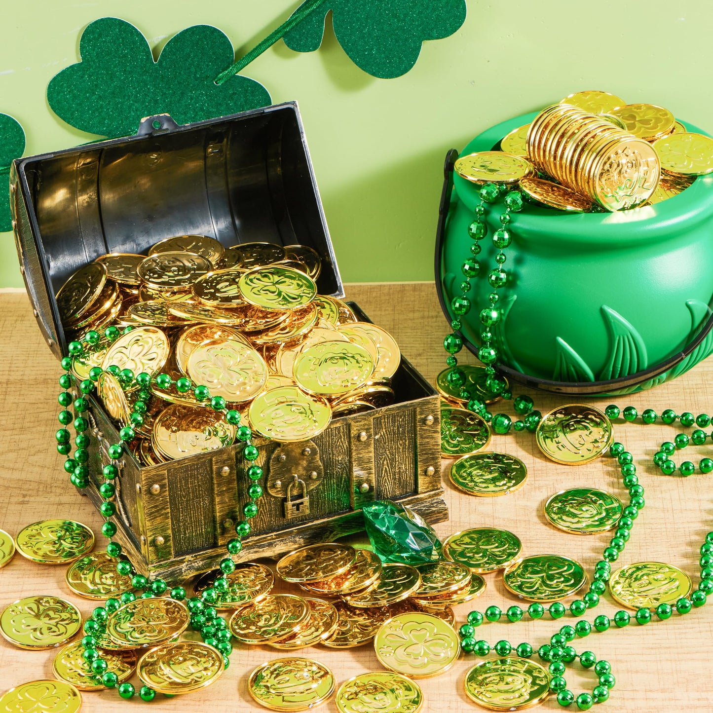 JOYIN 120 Pcs St. Patrick’s Day Gold Coins – Plastic Coins with Shamrock & Leprechaun Designs