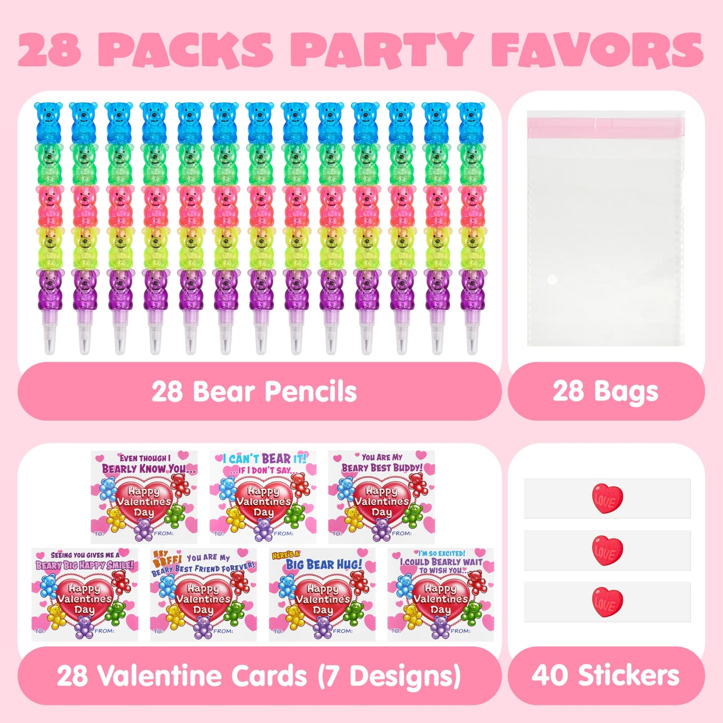 JOYIN 28PCS Valentines Day Bear Pencils & Cards — Classroom Exchange & Party Favors