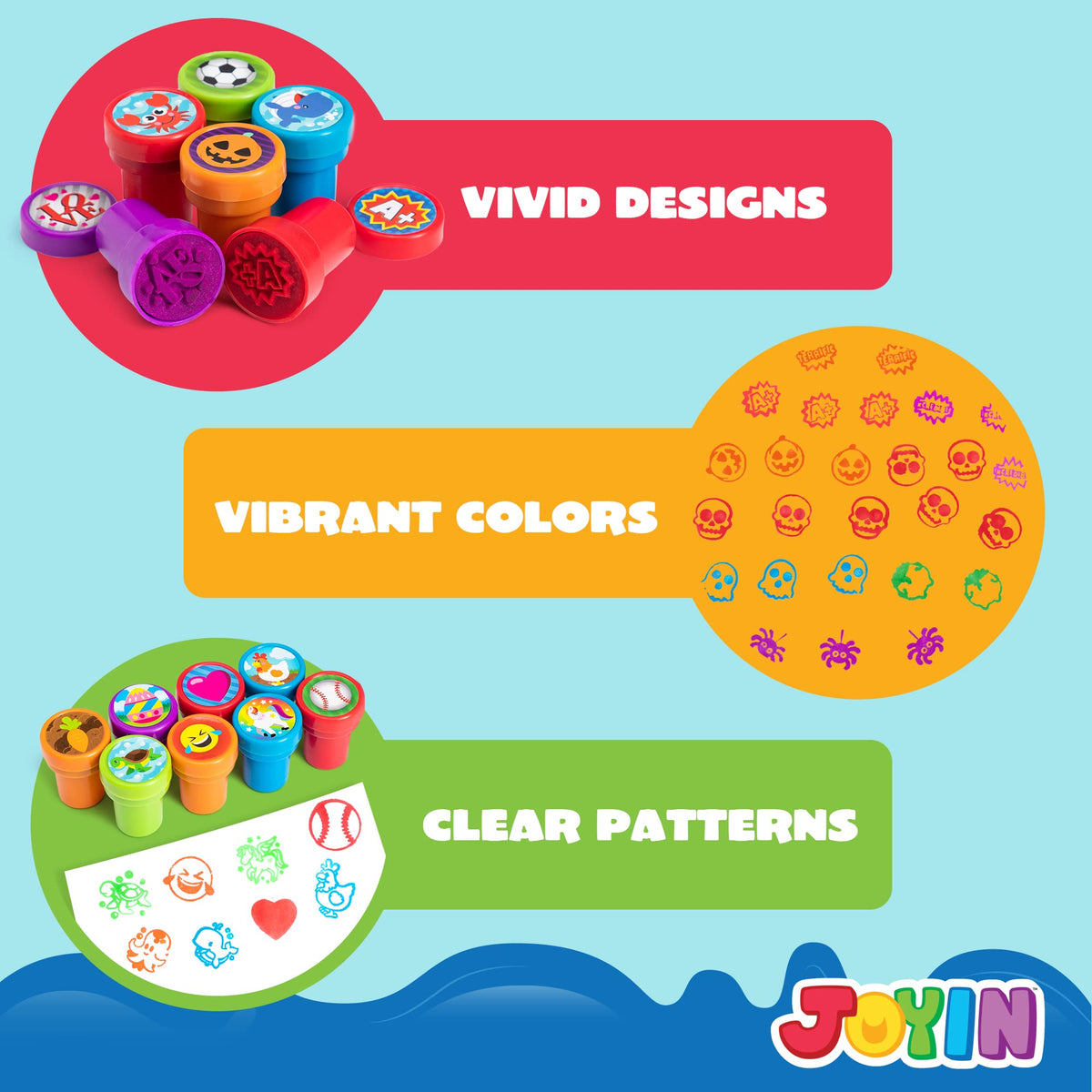 JOYIN 100 Pcs Self-Ink Stamps Set – 50 Designs for Kids, Party Favors, Classroom Prizes