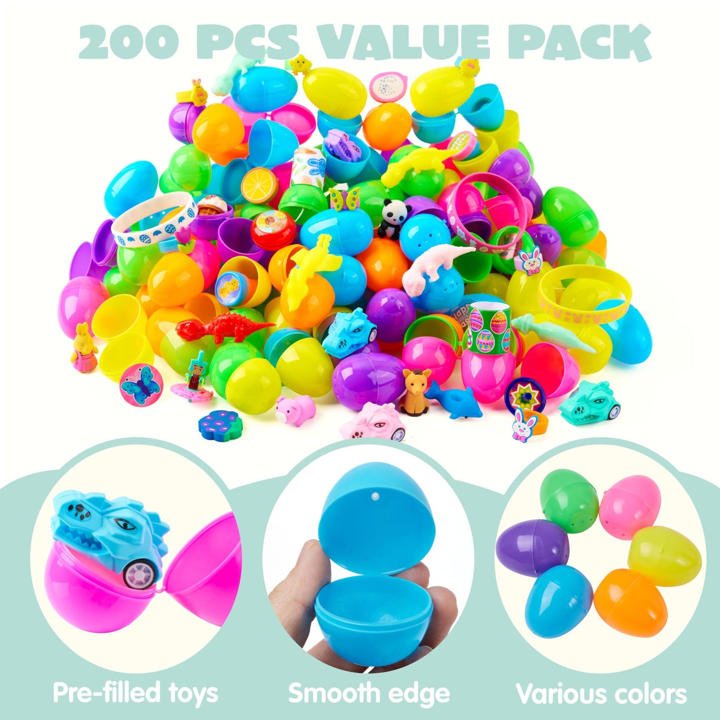 JOYIN 200 Pcs Prefilled Easter Eggs with Assorted Toys & Stickers Inside | Easter Egg Hunt Favors