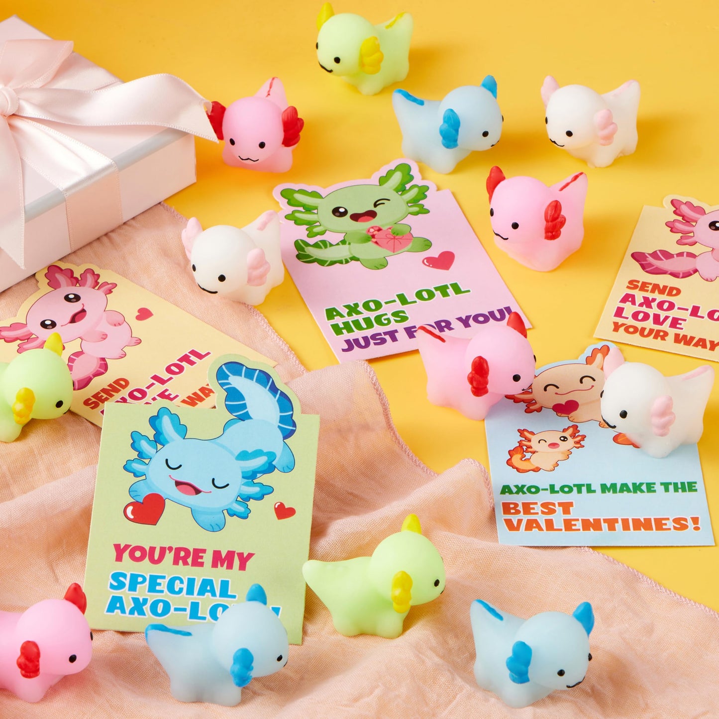 JOYIN 28 Packs Valentines Day Gifts for Kids — Axolotl Mochi Squishy Toys with Cards & Bags