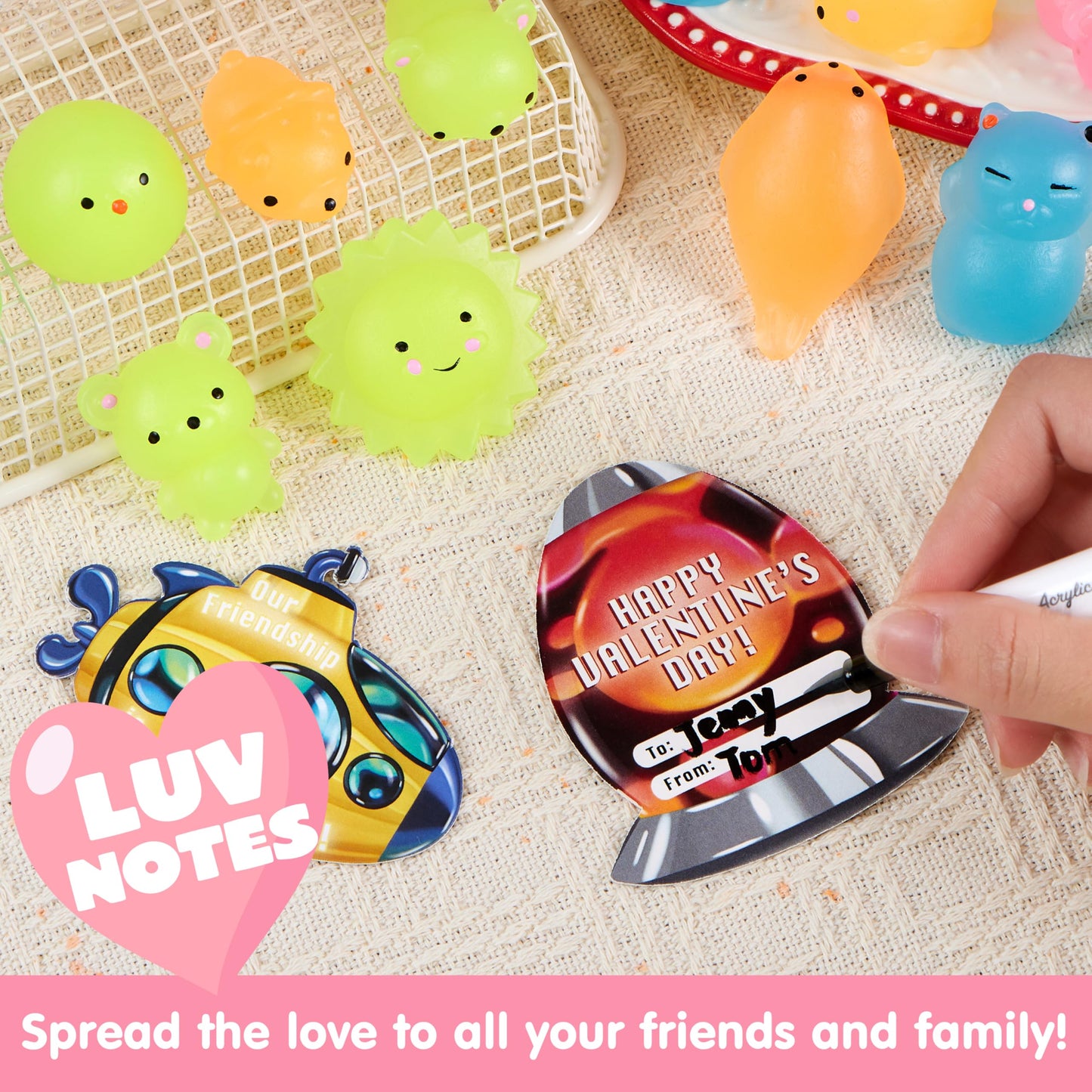 JOYIN 28-Pack Valentines Day Gift Cards with Glow-in-the-Dark Mochi Squishy Toys – Fidget Toys for Kids, Classroom Prizes & Party Favors