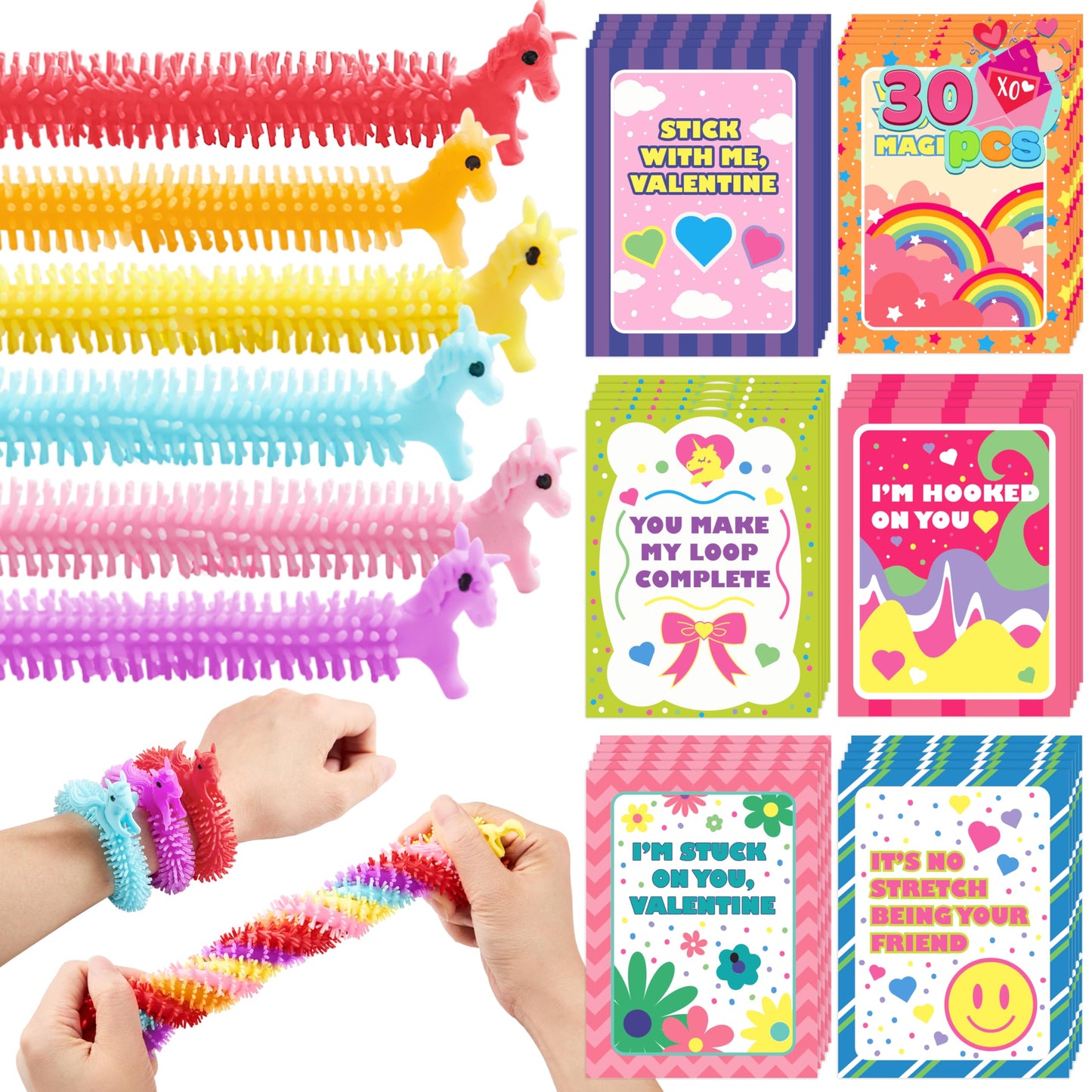 JOYIN 30 Pcs Valentine's Gift Cards & Stretchy String Toys Set | Unicorn Noodle Toys