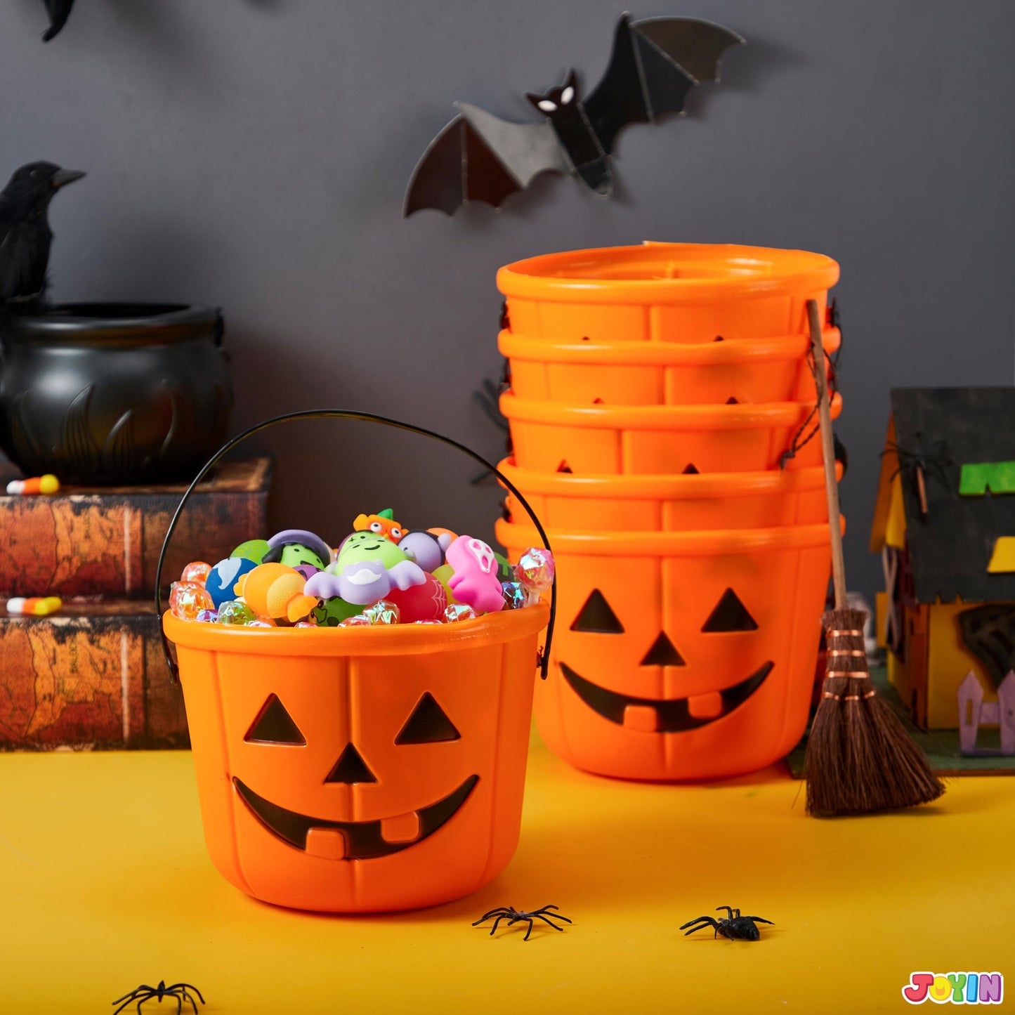 JOYIN 6Pcs Halloween Pumpkin Buckets – Jack O' Lantern Candy Buckets for Trick or Treating, 7x5 in, Reusable