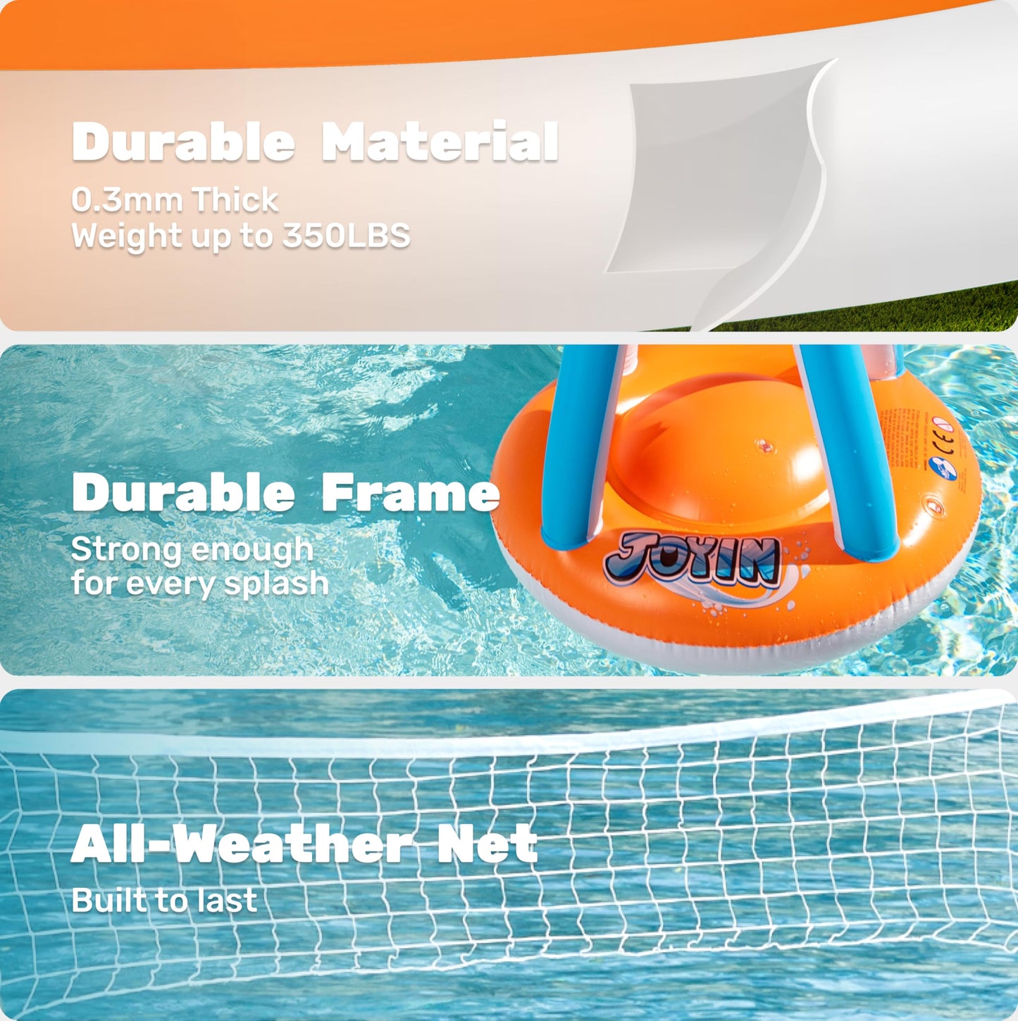 JOYIN Inflatable Pool Float Set with Volleyball Net & Basketball Hoops – 105”x28”x38” / 27.6”x23” | L-Orange