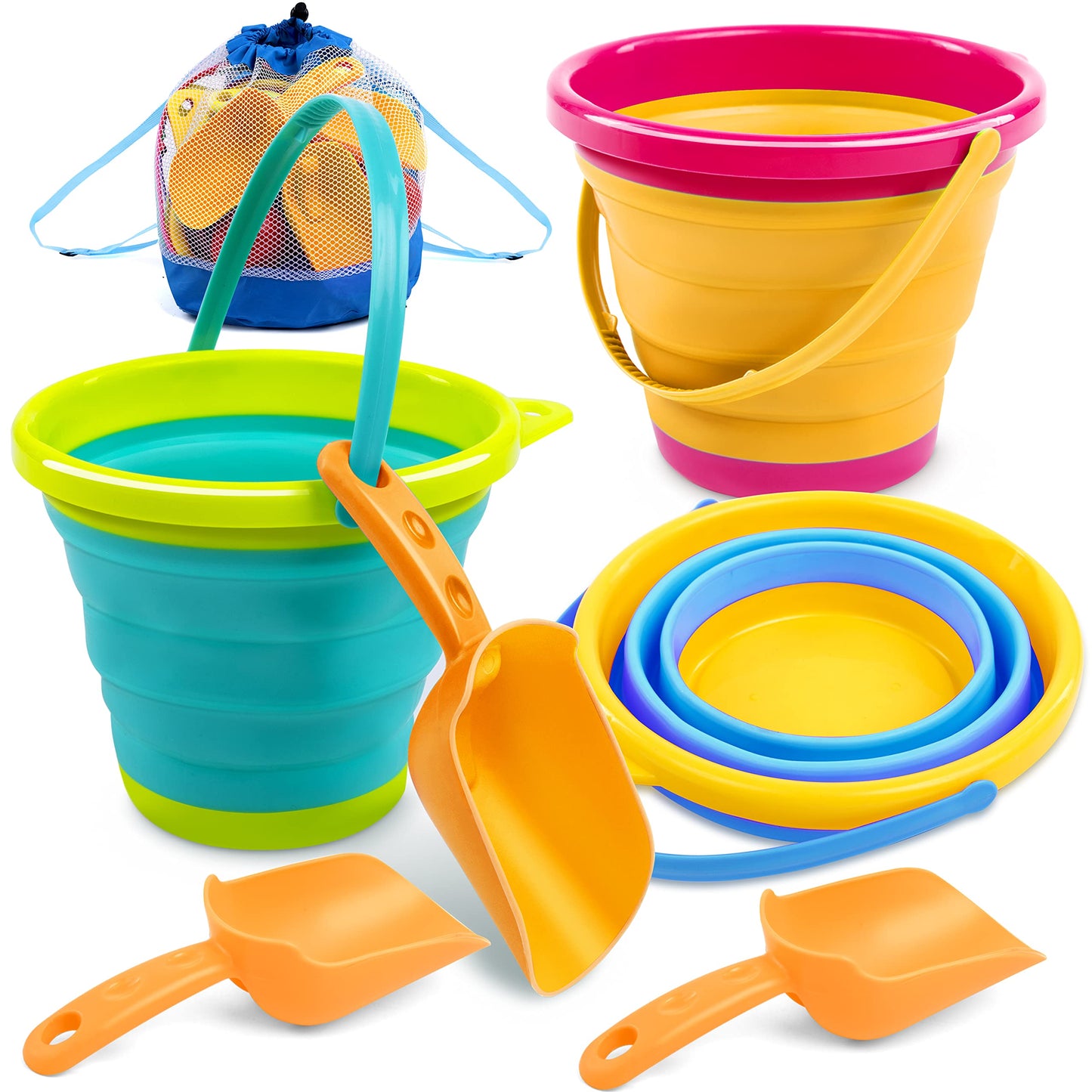 JOYIN 3-Pack Foldable Pail Buckets with Shovels & Mesh Bag – Beach & Camping Fun