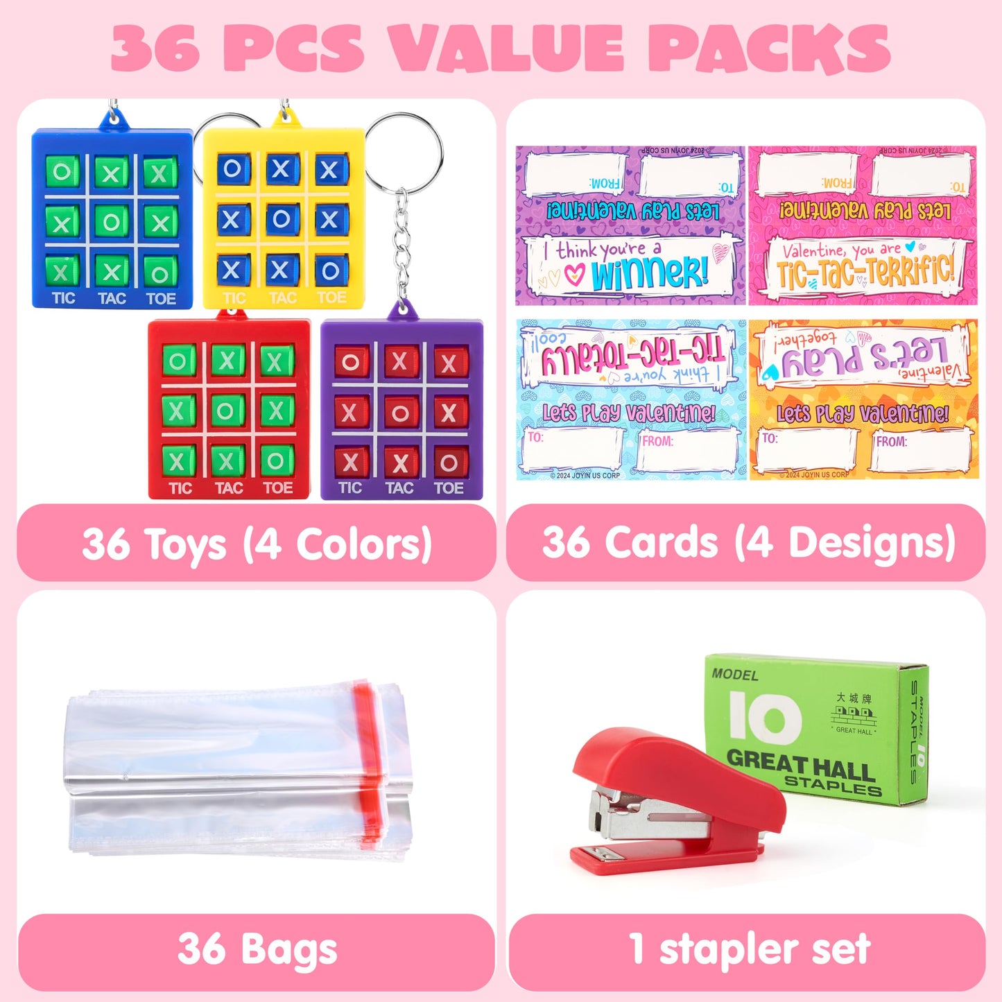JOYIN 36 Valentines Gift Cards with Tic-Tac-Toe Keychains – Party Favors & Classroom Prizes