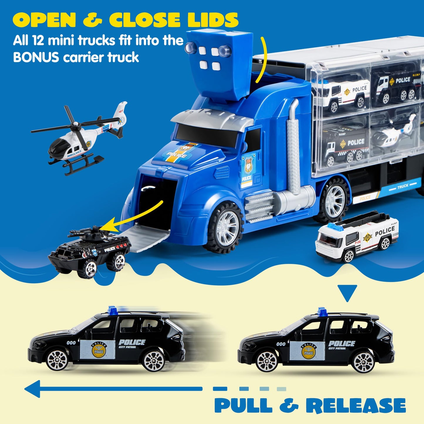 JOYIN 25-in-1 Police Rescue Truck Toy Set with Sounds & Lights – Carrier Truck Playset