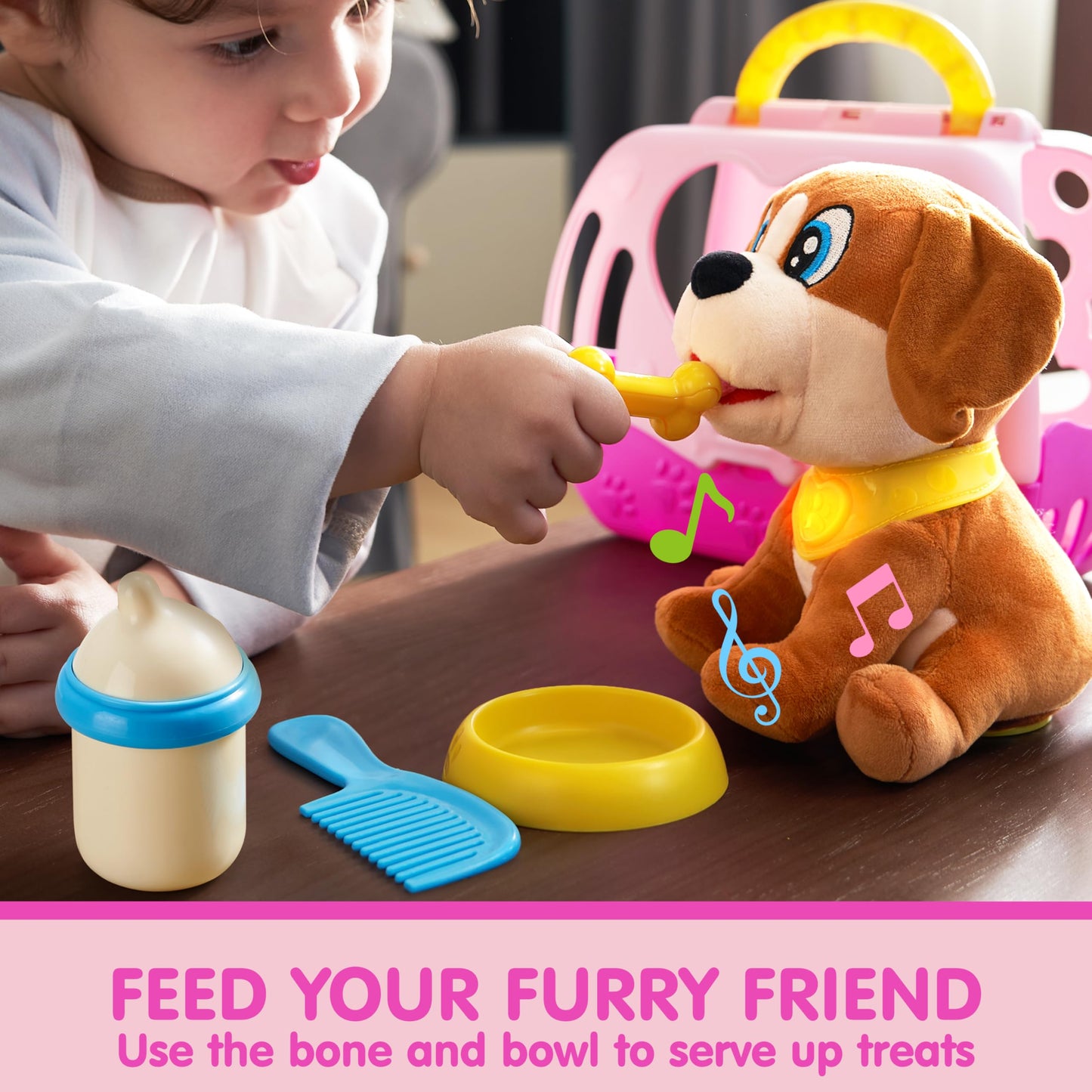 JOYIN Toy Dog for Toddlers – Plush Pet Care Set with Carrier, Lights & Sounds
