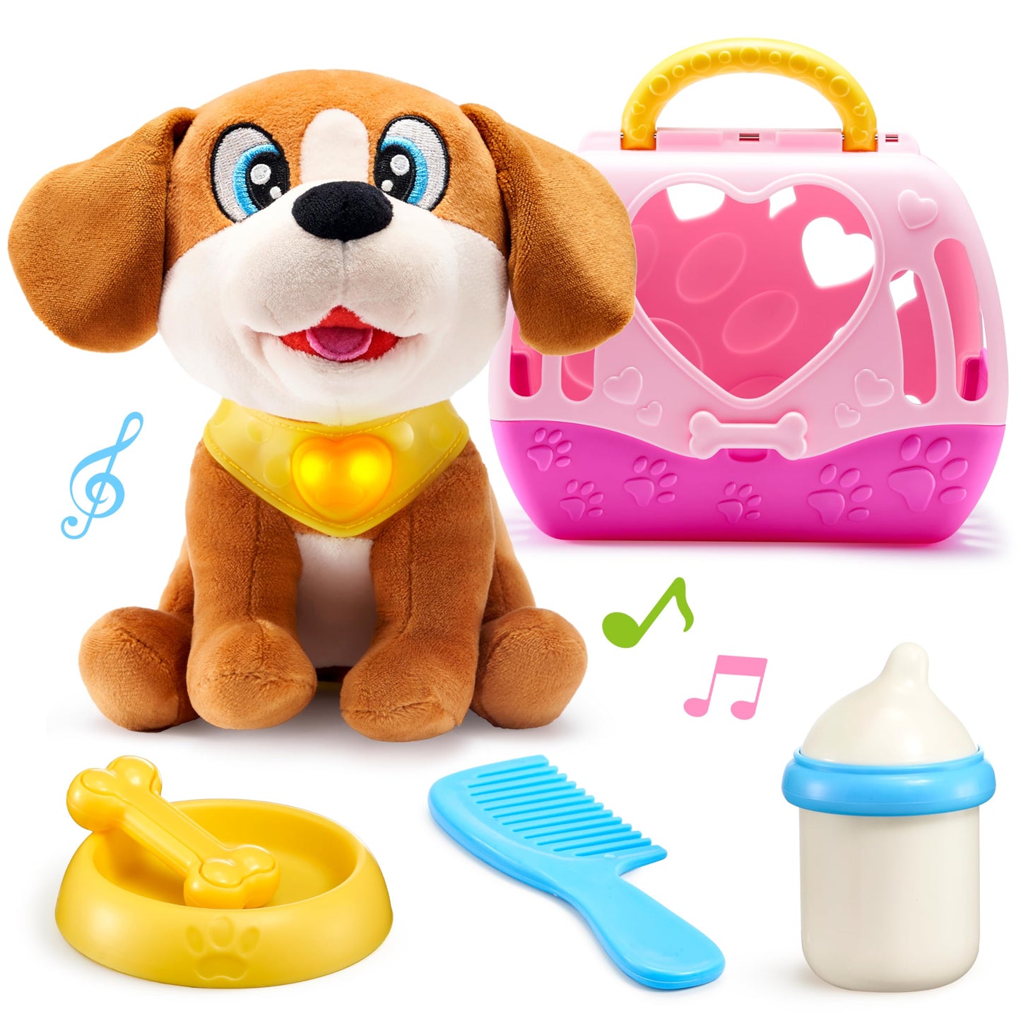 JOYIN Toy Dog for Toddlers – Plush Pet Care Set with Carrier, Lights & Sounds