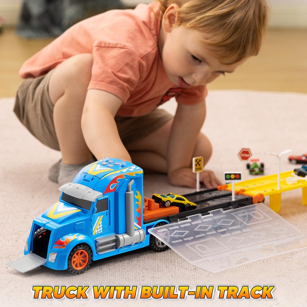 JOYIN Toy Truck Carrier Set – 5-Foot Track & 12 Die-Cast Cars