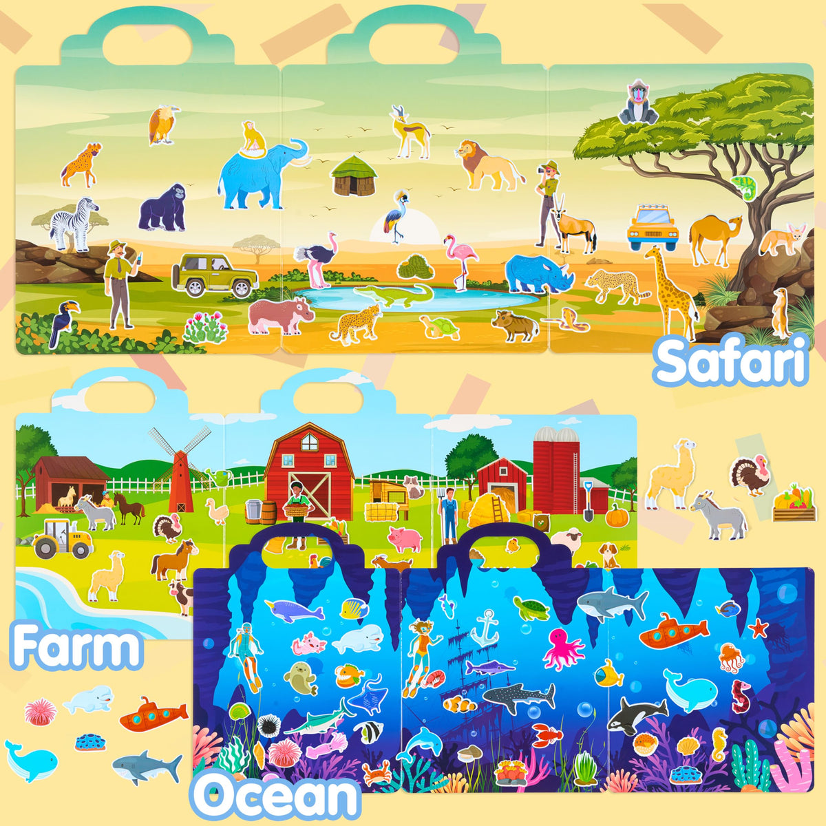 JOYIN 3 Sets Animal Reusable Sticker Book for Toddlers – Farm Ocean Safari
