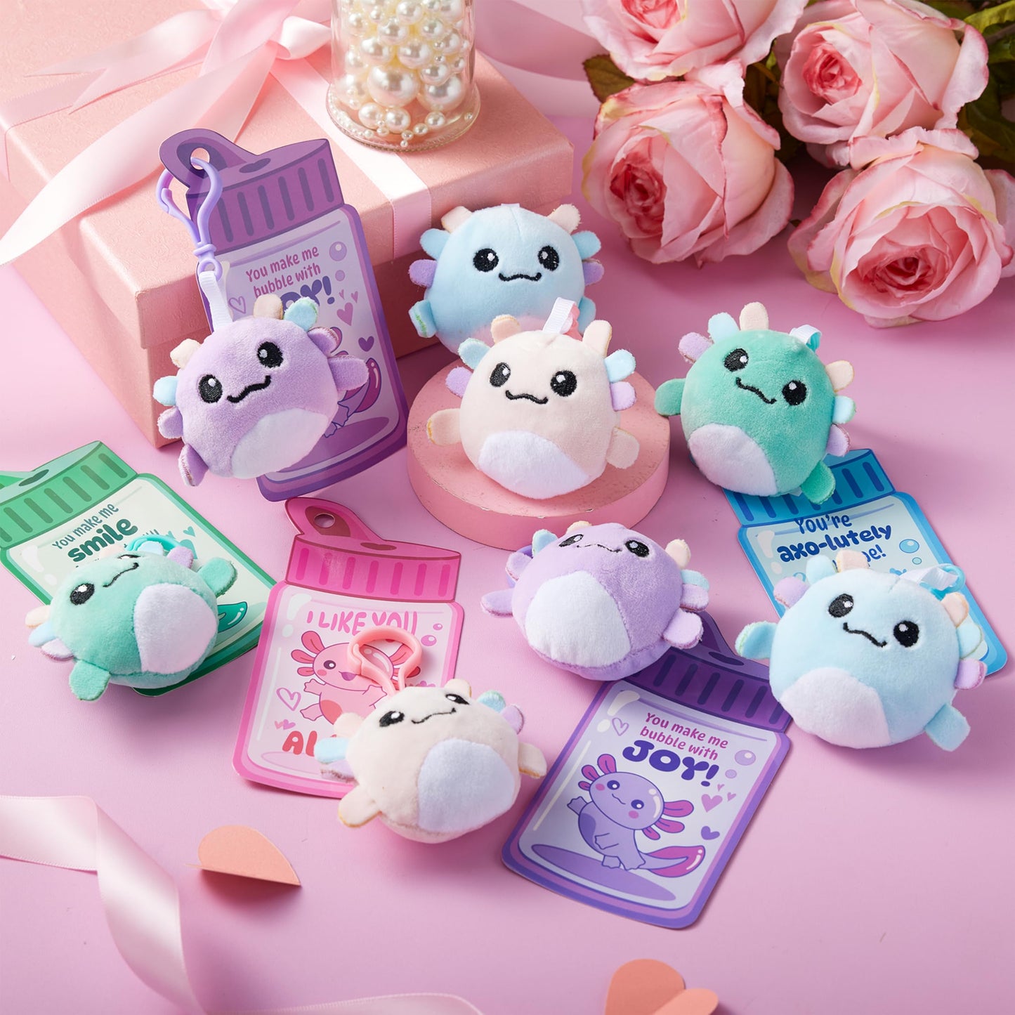 JOYIN 28 Pcs Valentine Axolotl Plush Keychains & Greeting Cards for Classrooms
