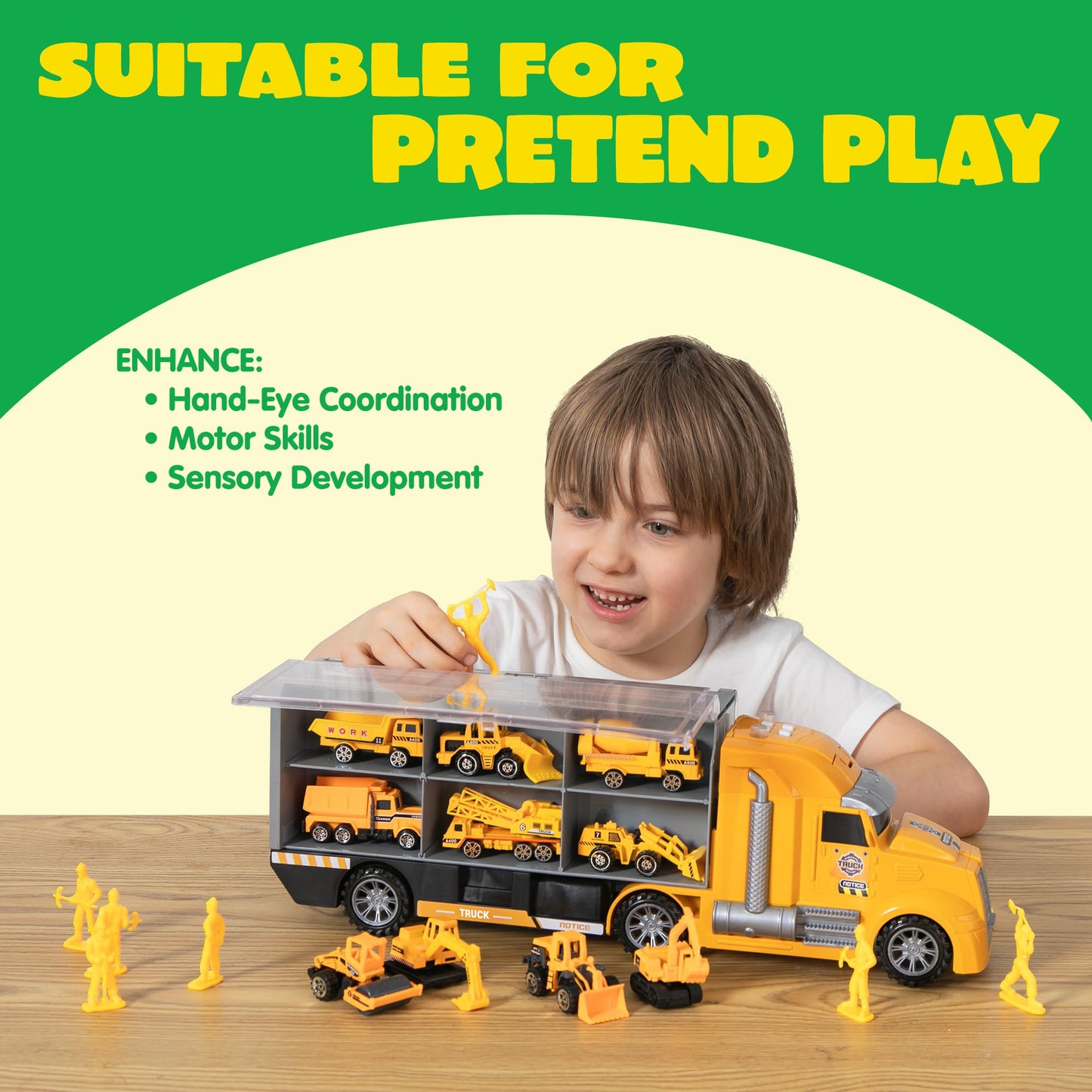 JOYIN 25-in-1 Kids Construction Truck Set – 24Pcs with Sounds & Lights, Carrier Truck, 12 Mini Vehicles & 12 Worker Figures