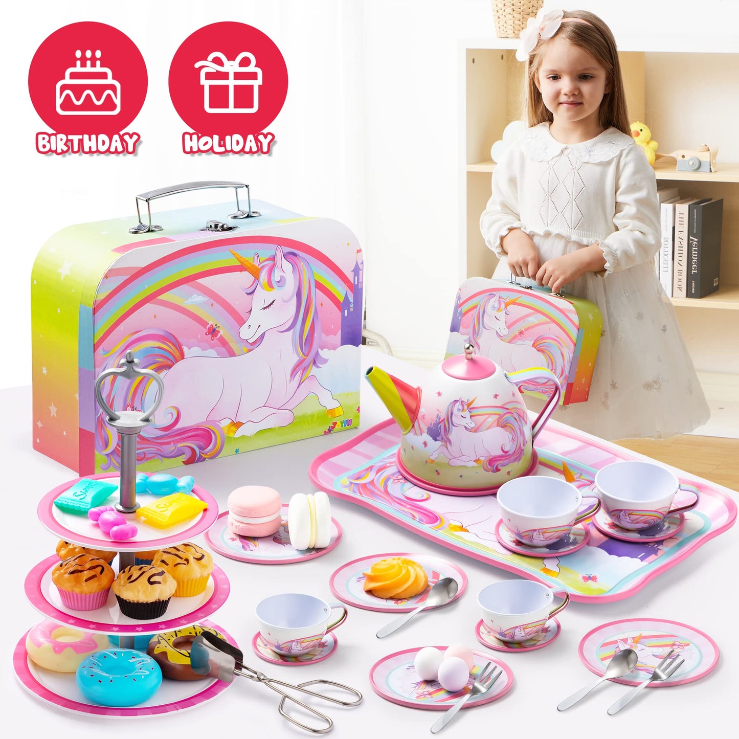 JOYIN 35-Pc Unicorn Tea Party Set for Kids – Pretend Teapot & Accessories