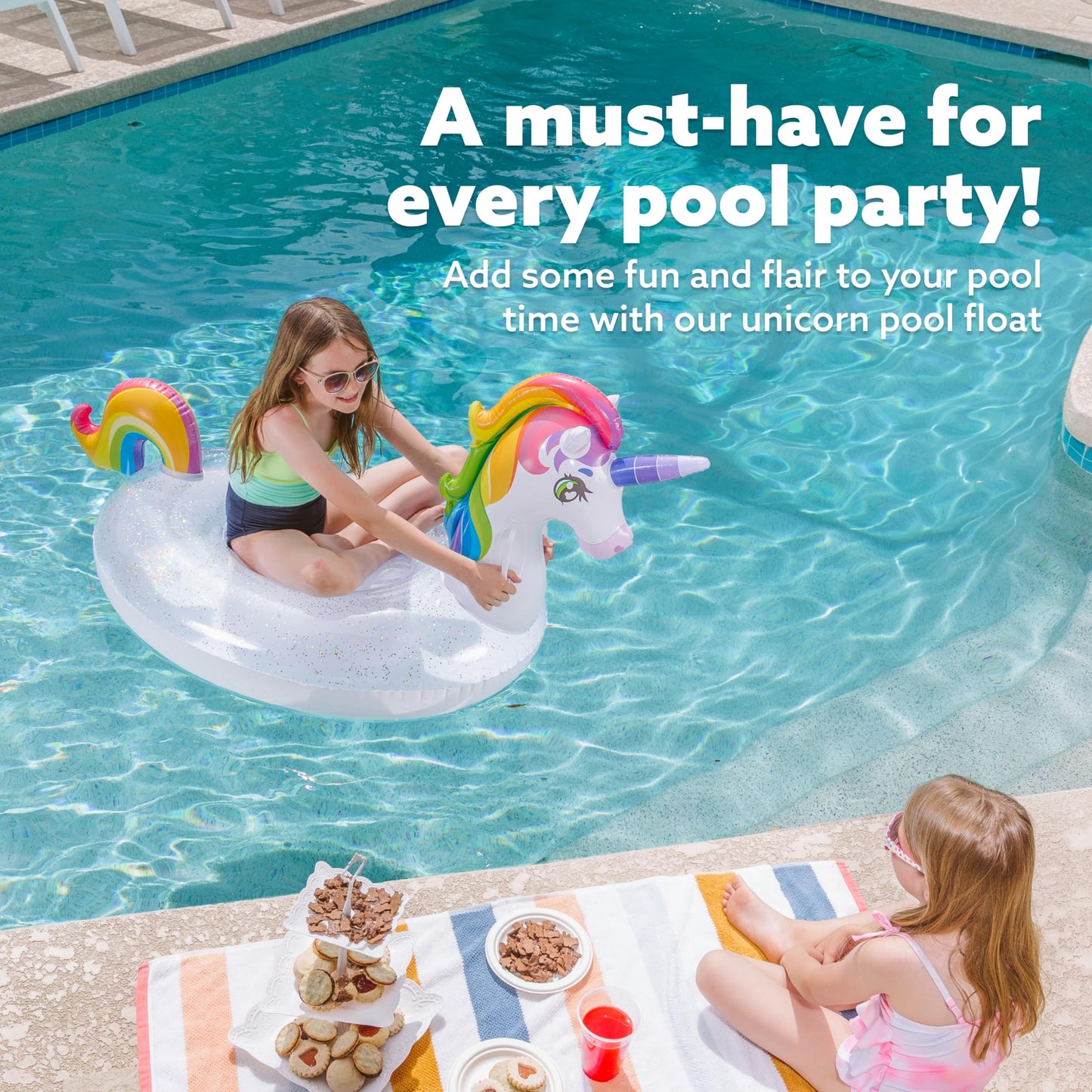 JOYIN Unicorn Pool Float for Kids — Sparkly Glitter Rainbow Ride-On