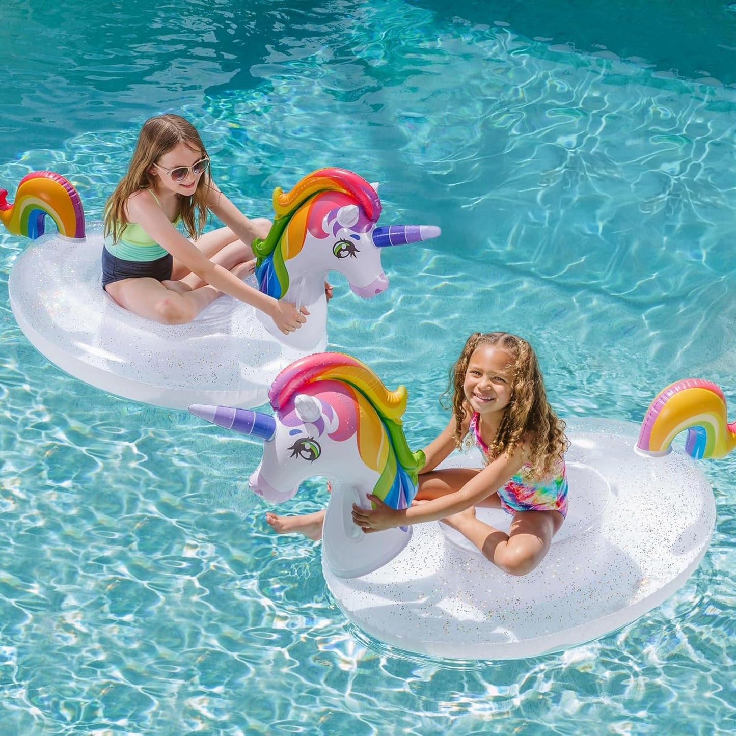 JOYIN Unicorn Pool Float for Kids — Sparkly Glitter Rainbow Ride-On