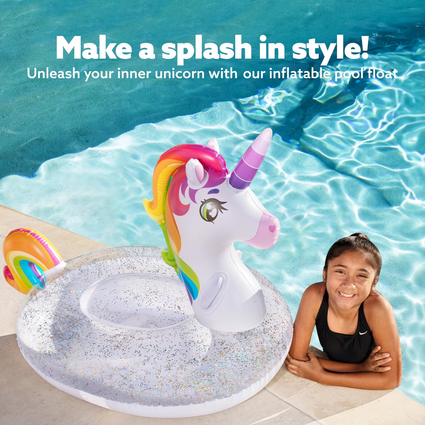 JOYIN Unicorn Pool Float for Kids — Sparkly Glitter Rainbow Ride-On
