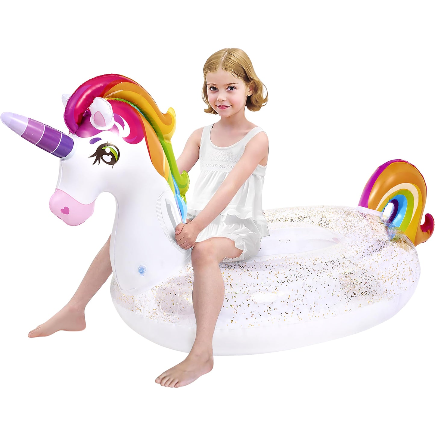 JOYIN Unicorn Pool Float for Kids — Sparkly Glitter Rainbow Ride-On