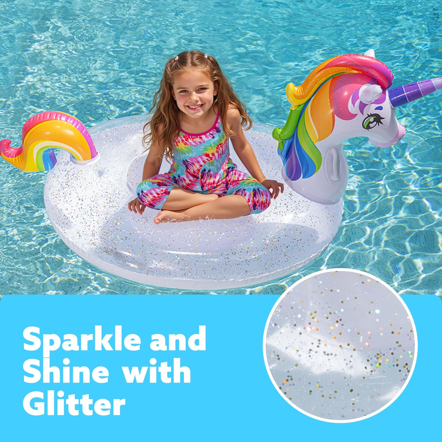 JOYIN Unicorn Pool Float for Kids — Sparkly Glitter Rainbow Ride-On