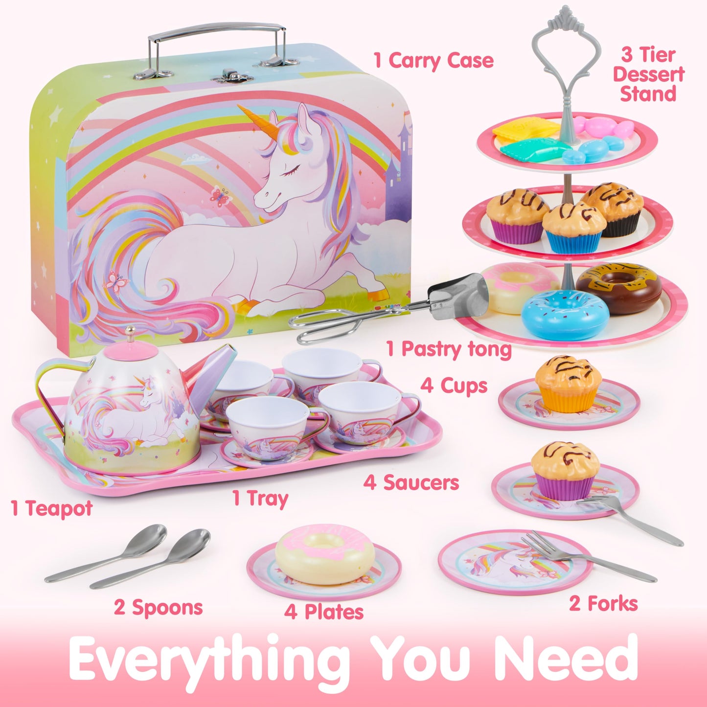 JOYIN 35-Pc Unicorn Tea Party Set for Kids – Pretend Teapot & Accessories