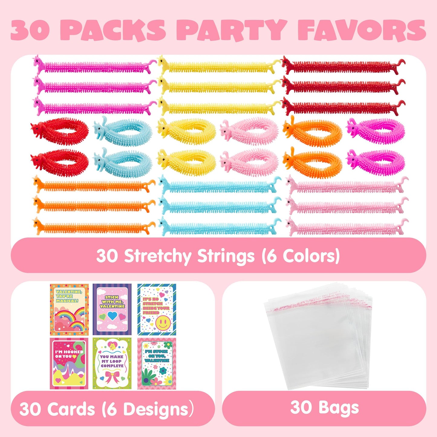 JOYIN 30 Pcs Valentine's Gift Cards & Stretchy String Toys Set | Unicorn Noodle Toys