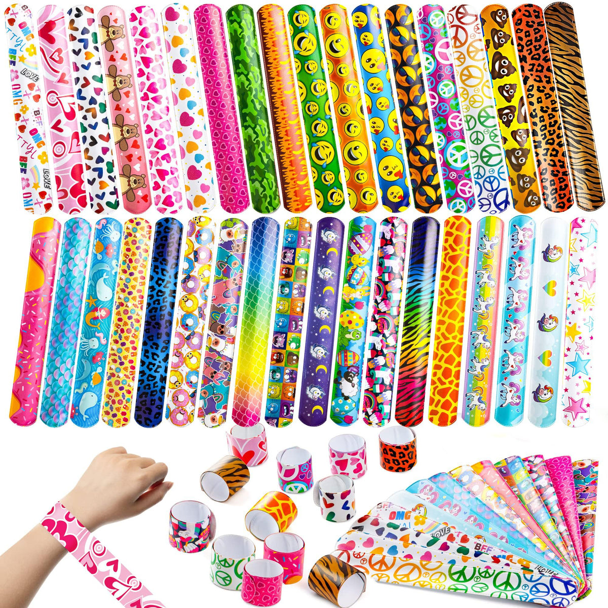 JOYIN 60 Pcs Slap Bracelets for Kids – 36 Designs, Party Favors & Classroom Prizes