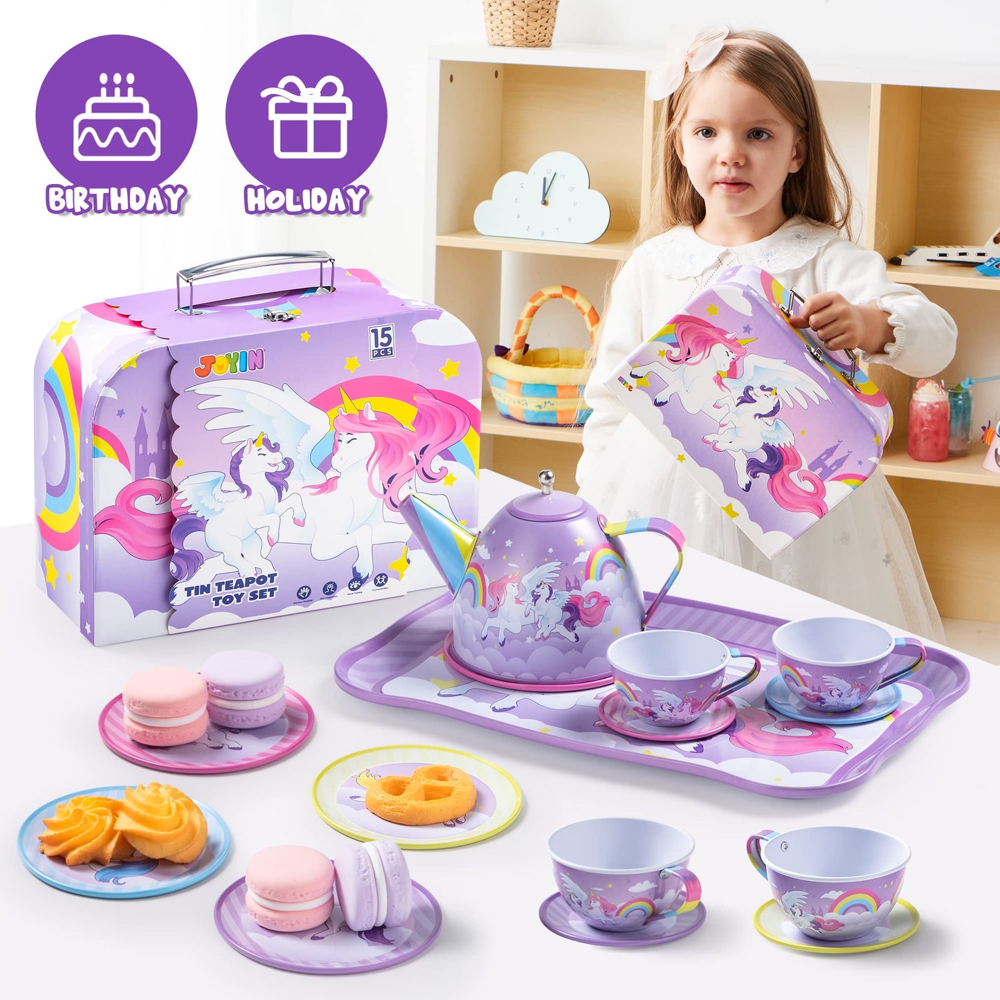 JOYIN Unicorn Tea Party Set for Kids — Pretend Tin Teapot, Cups & Plates with Carrying Case