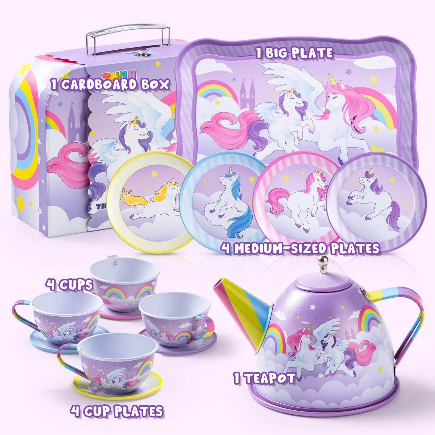 JOYIN Unicorn Tea Party Set for Kids — Pretend Tin Teapot, Cups & Plates with Carrying Case