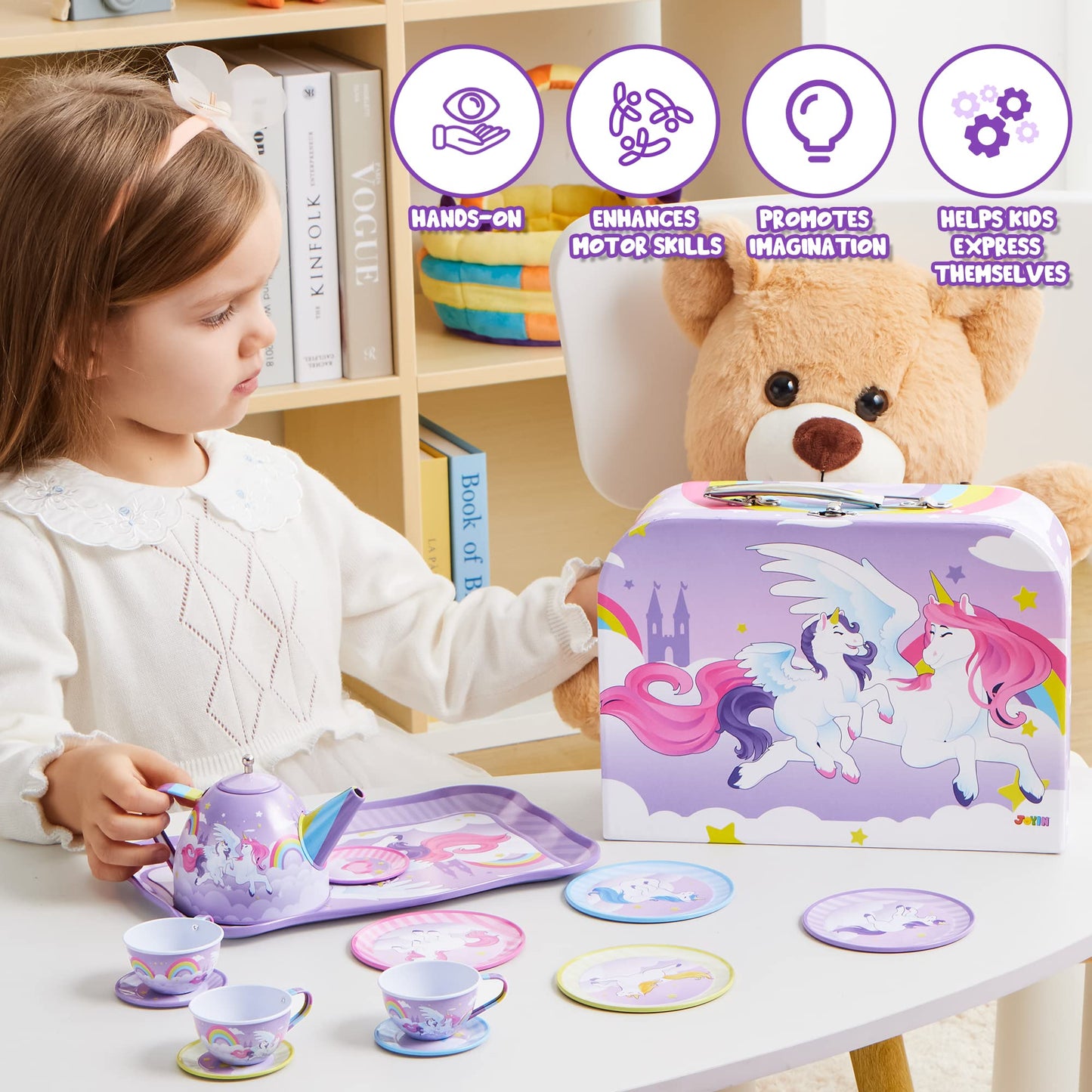 JOYIN Unicorn Tea Party Set for Kids — Pretend Tin Teapot, Cups & Plates with Carrying Case