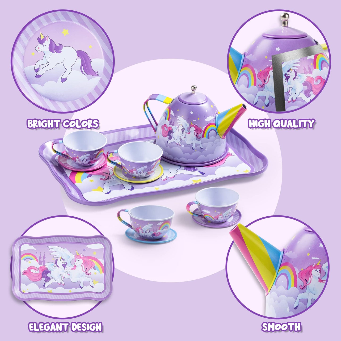 JOYIN Unicorn Tea Party Set for Kids — Pretend Tin Teapot, Cups & Plates with Carrying Case