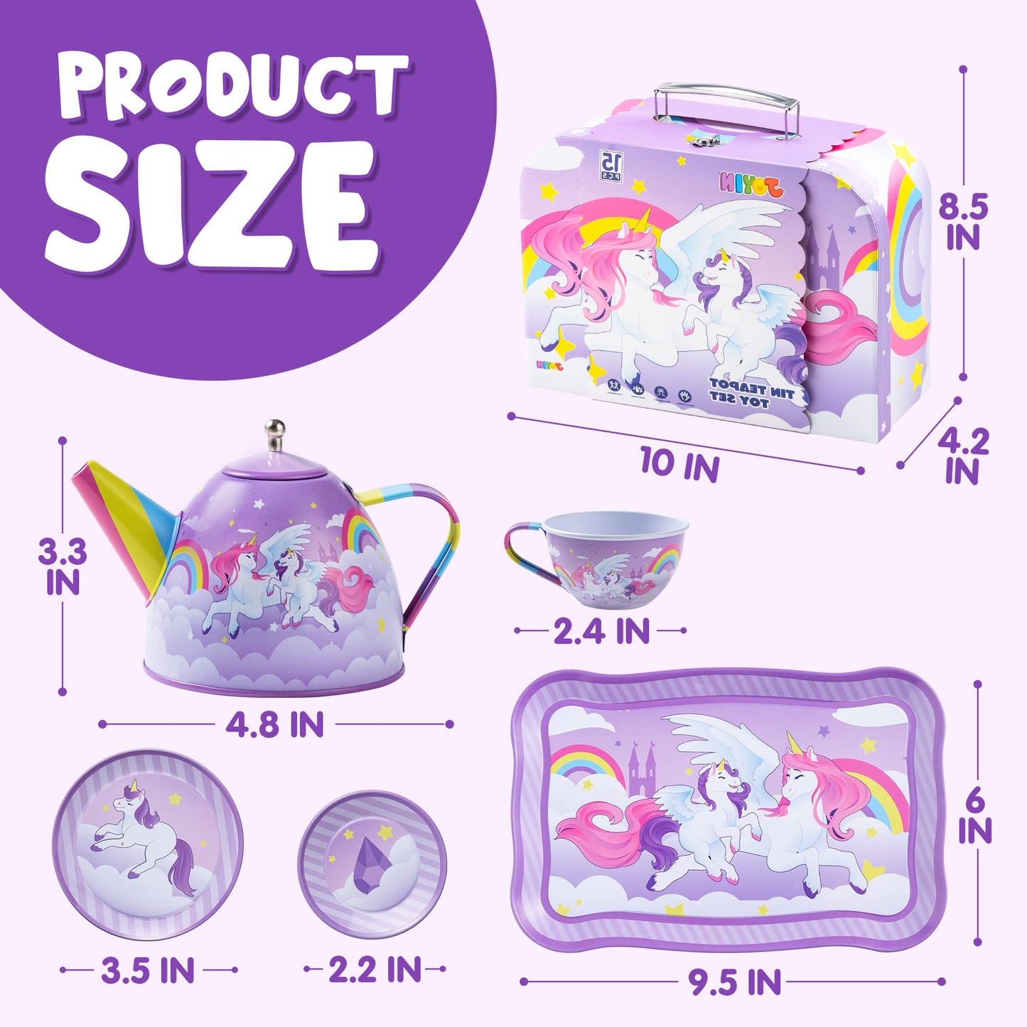 JOYIN Unicorn Tea Party Set for Kids — Pretend Tin Teapot, Cups & Plates with Carrying Case