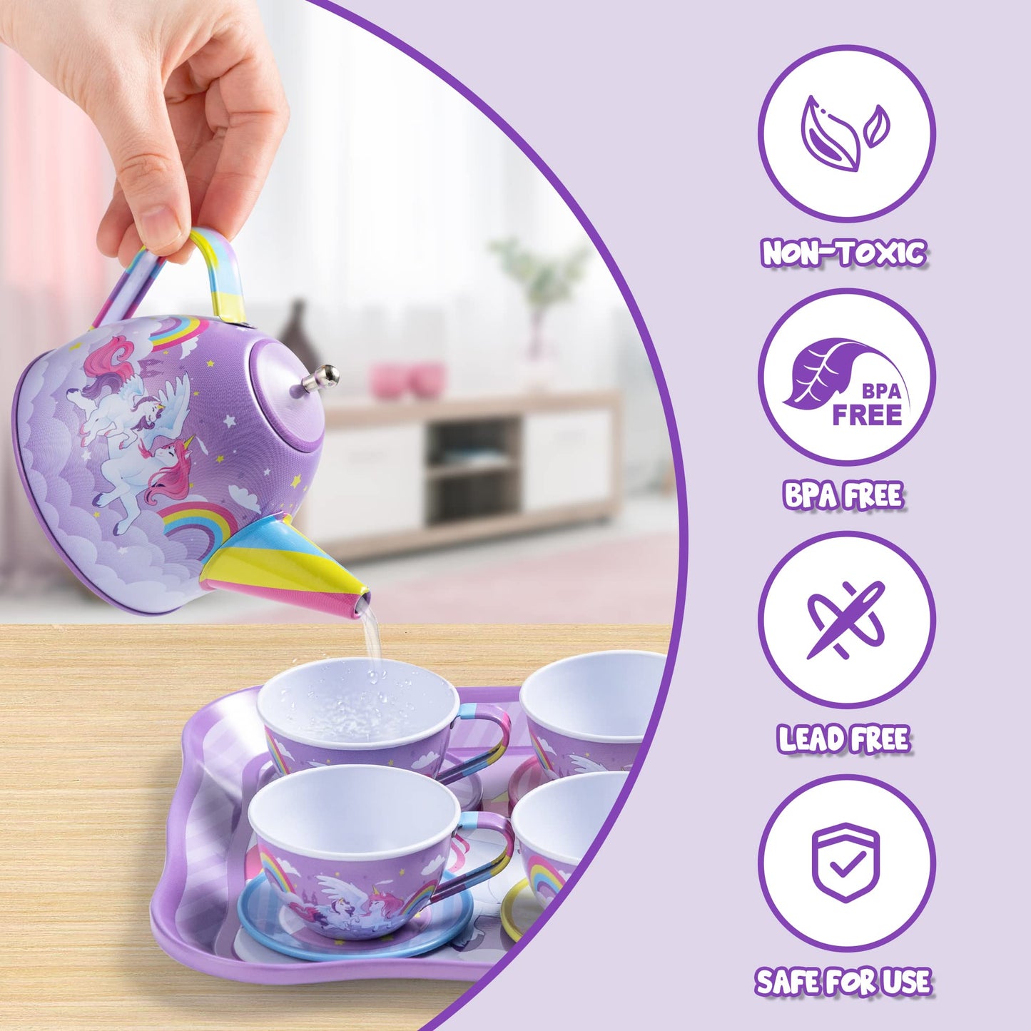 JOYIN Unicorn Tea Party Set for Kids — Pretend Tin Teapot, Cups & Plates with Carrying Case