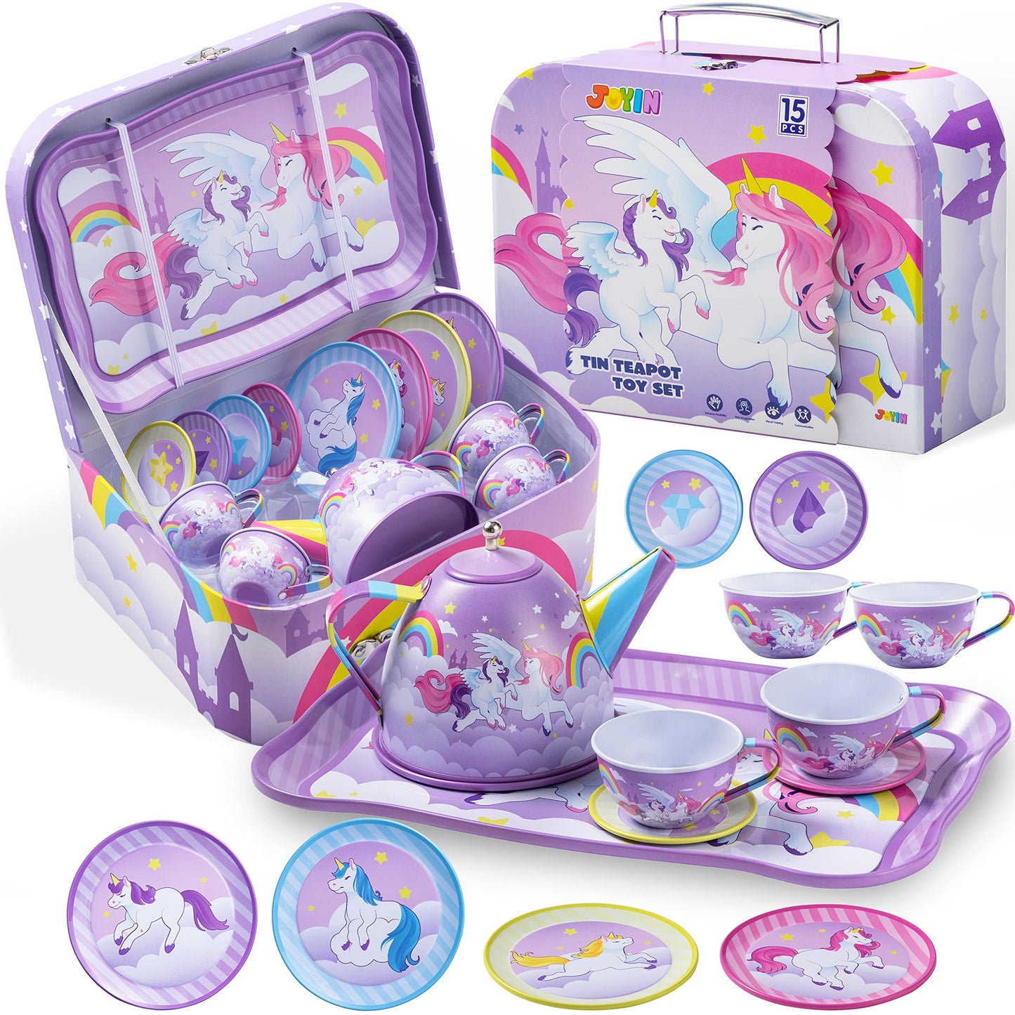 JOYIN Unicorn Tea Party Set for Kids — Pretend Tin Teapot, Cups & Plates with Carrying Case