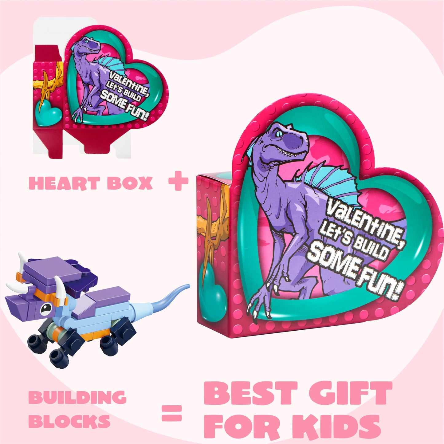 JOYIN 12 Packs Valentines Dinosaur Building Blocks with Heart Boxes – Party Favors & Classroom Gifts