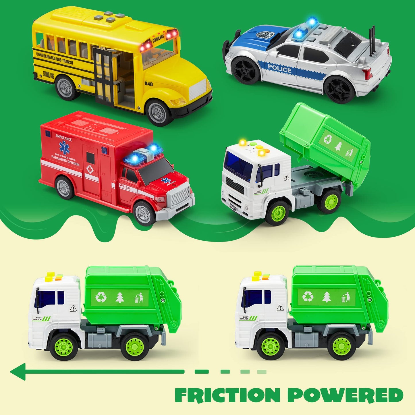 JOYIN 4 Pcs 7\" Vehicle Toy Set with Lights & Sirens – Police Car, Garbage Truck, Fire Truck, School Bus