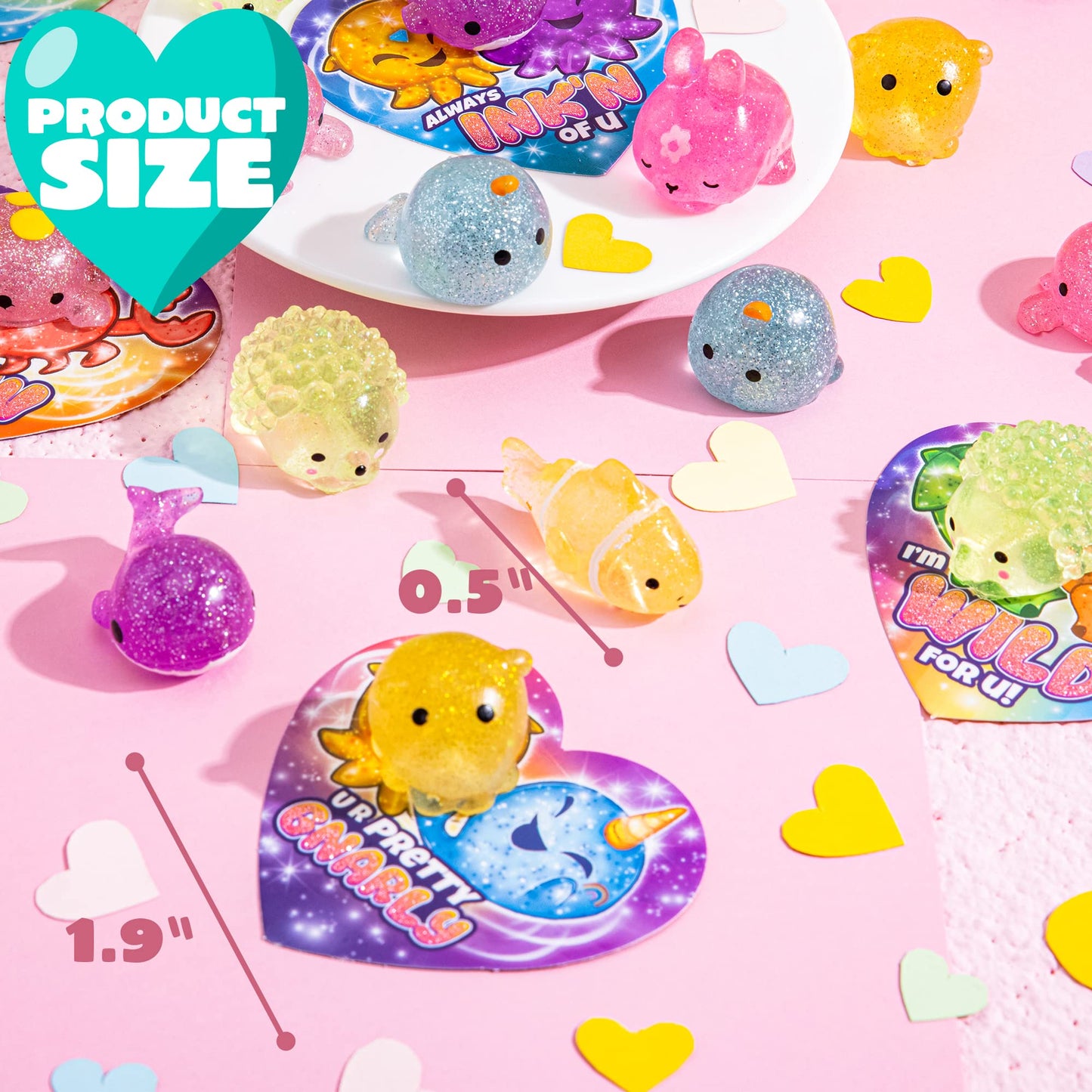 JOYIN 28-Pack Valentine Gift Cards with Glitter Mochi Squishy Toys — Sea Animals