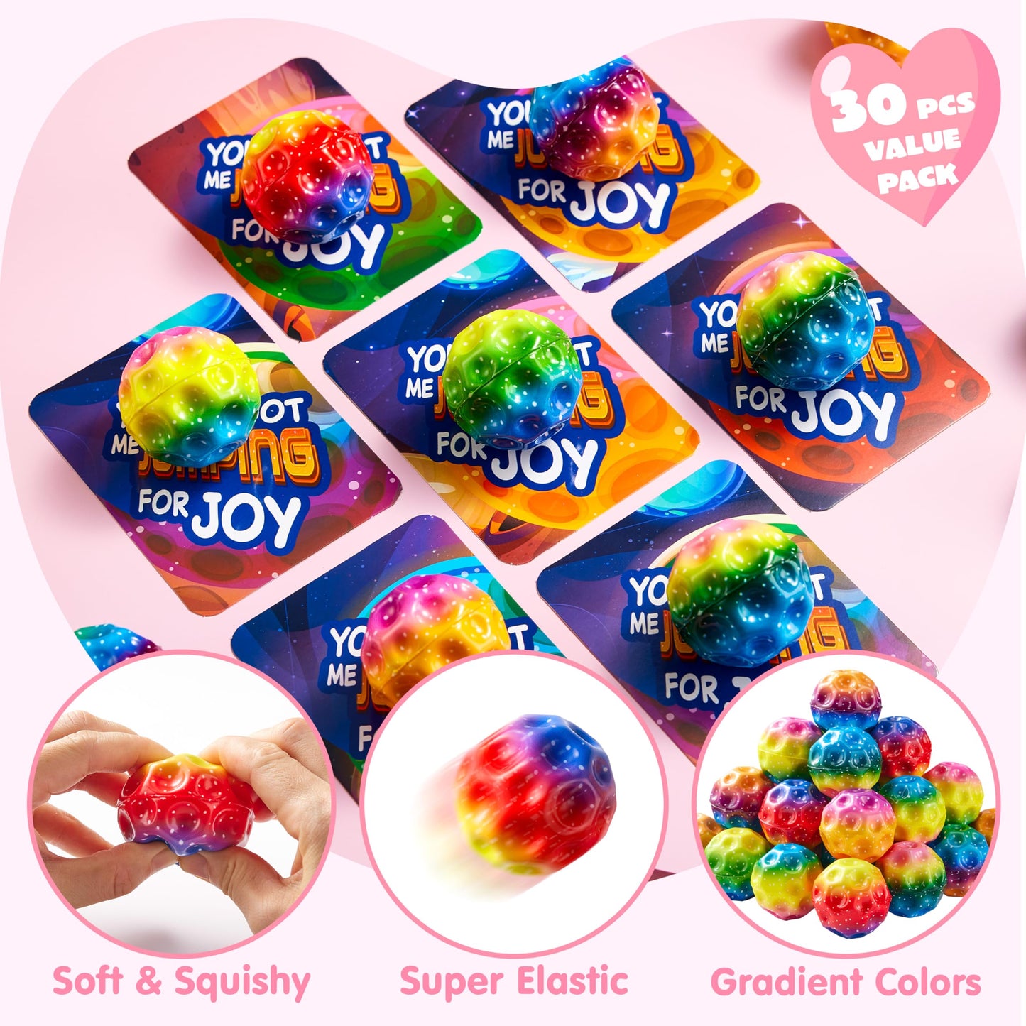 JOYIN 30 Pcs Valentine Bouncy Balls with Cards – Space-Themed Classroom Prizes & Party Favors