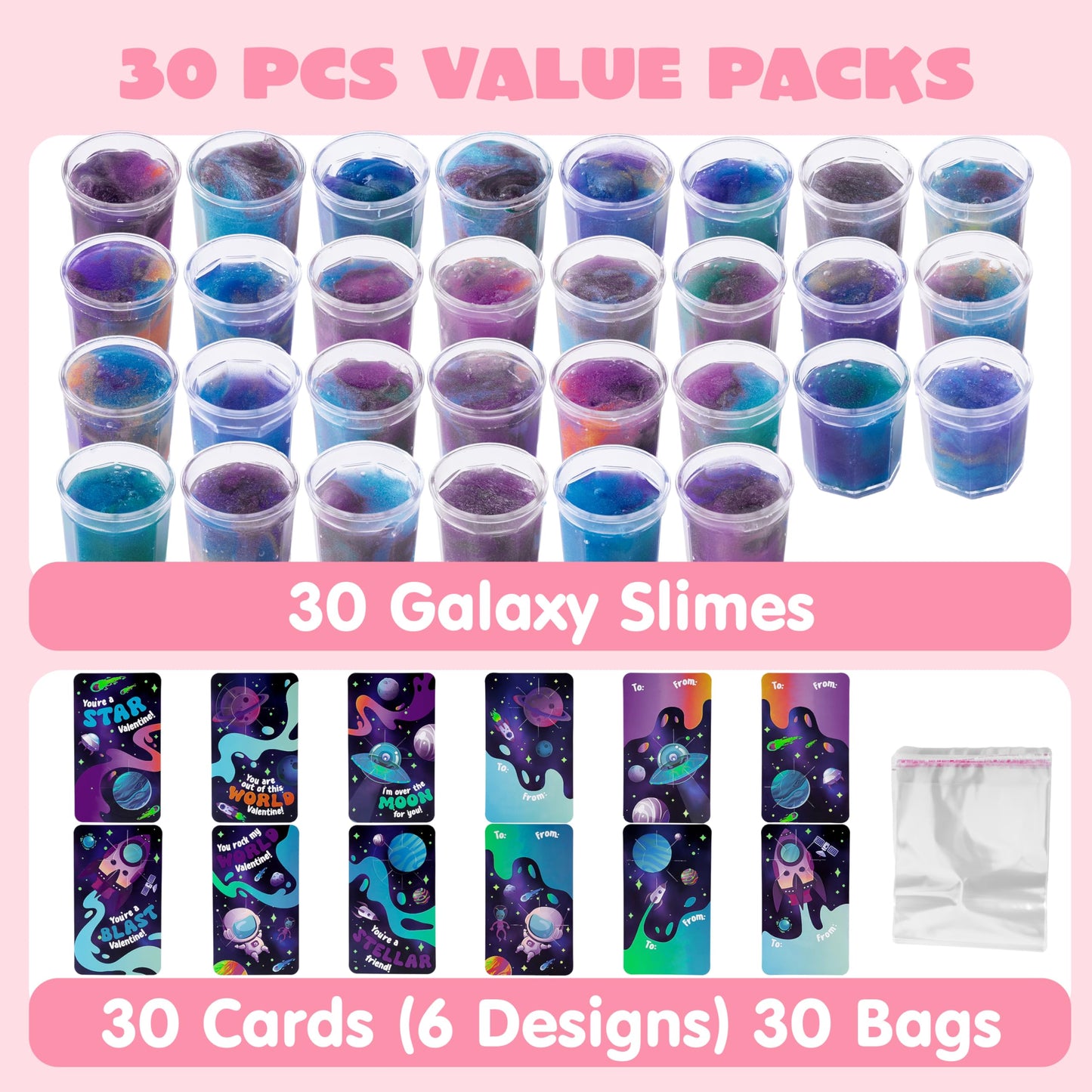 JOYIN 30 Pcs Valentine Gift Cards with Galaxy Slime – Kids' Fidget Toys & Classroom Prizes
