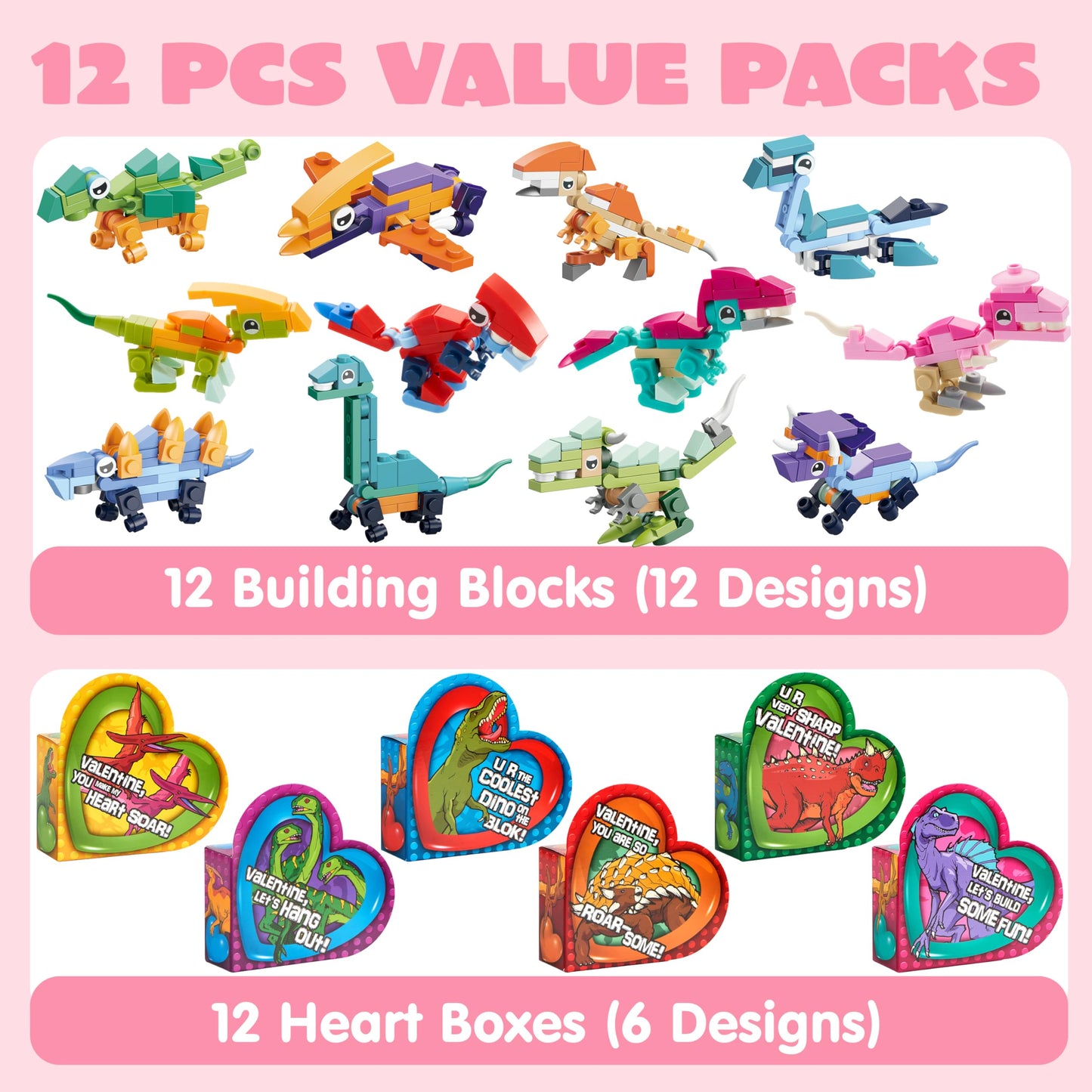 JOYIN 12 Packs Valentines Dinosaur Building Blocks with Heart Boxes – Party Favors & Classroom Gifts