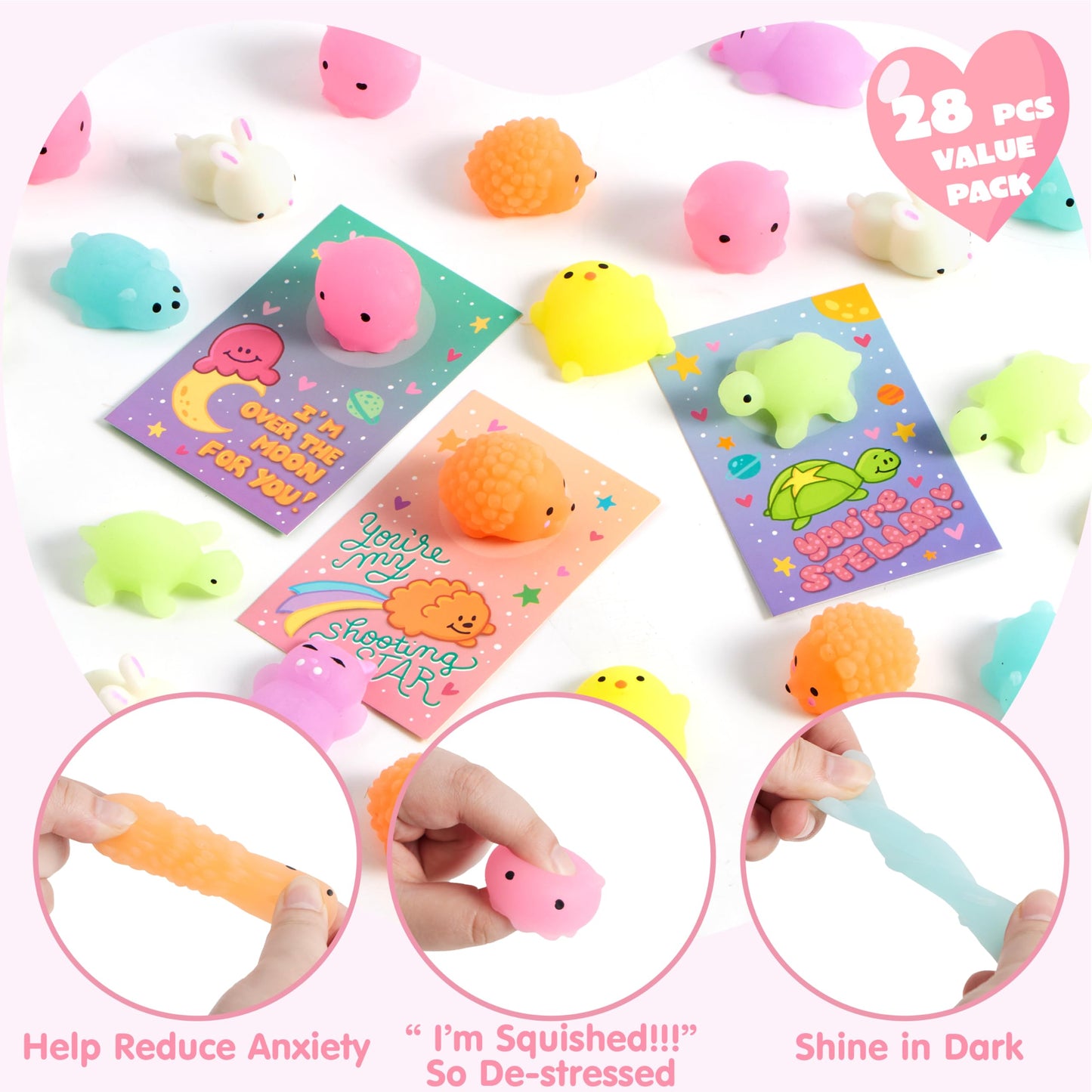 JOYIN 28-Pack Valentines Gift Cards with Glow-in-The-Dark Kawaii Mochi Squishy Toys