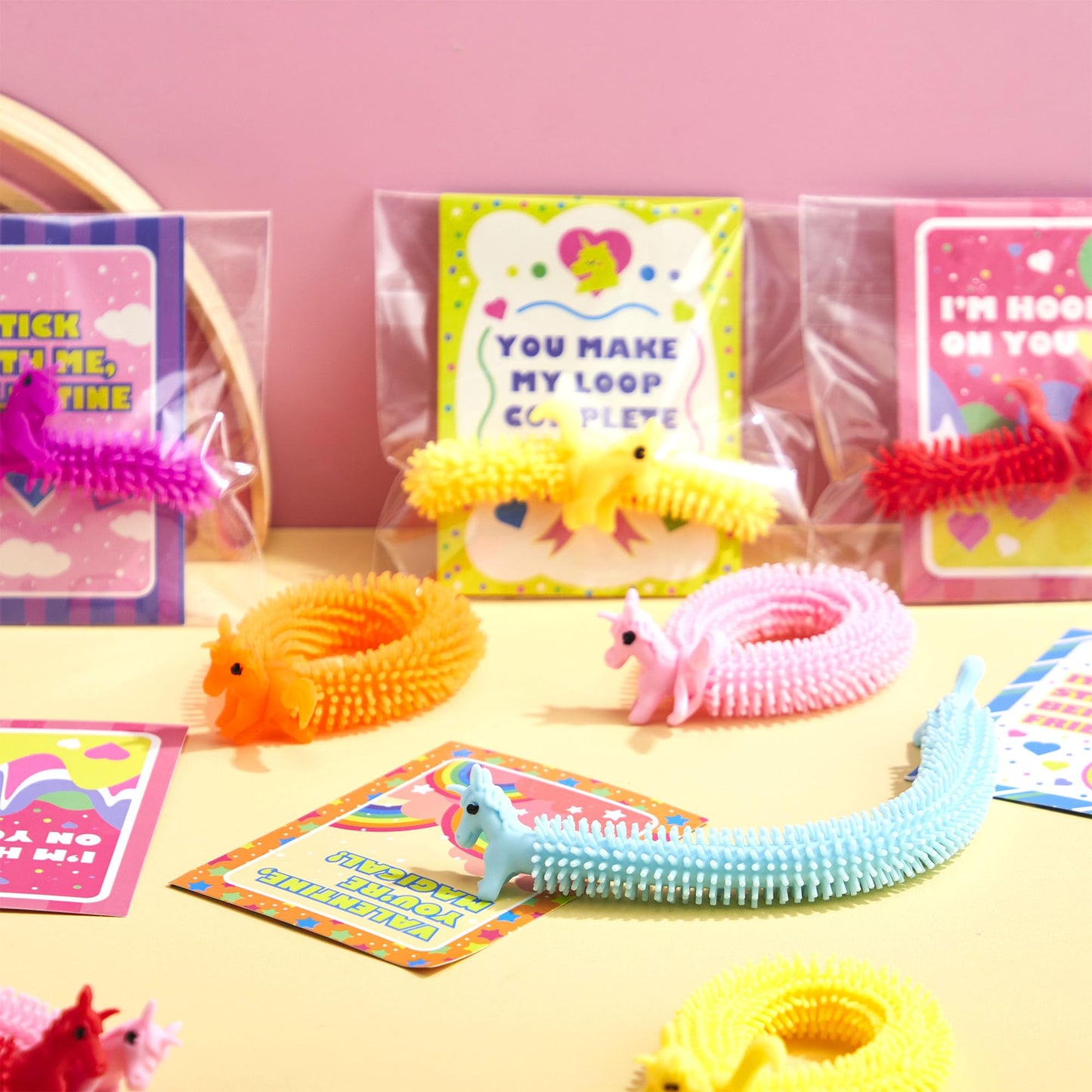 JOYIN 30 Pcs Valentine's Gift Cards & Stretchy String Toys Set | Unicorn Noodle Toys