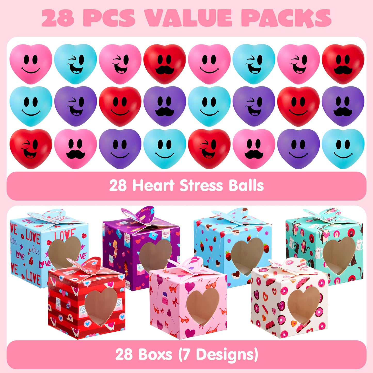 JOYIN 28 Pcs Valentine Heart Stress Balls with Gift Boxes – Classroom Rewards & Party Favors