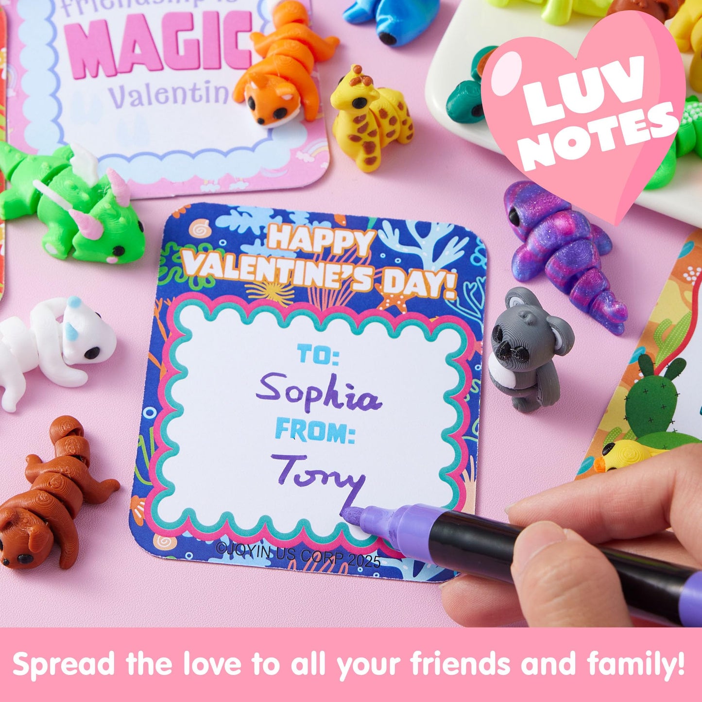JOYIN 28 Pcs 3D Printed Mini Animals with Valentine Cards | Fidget Toys & Classroom Gifts